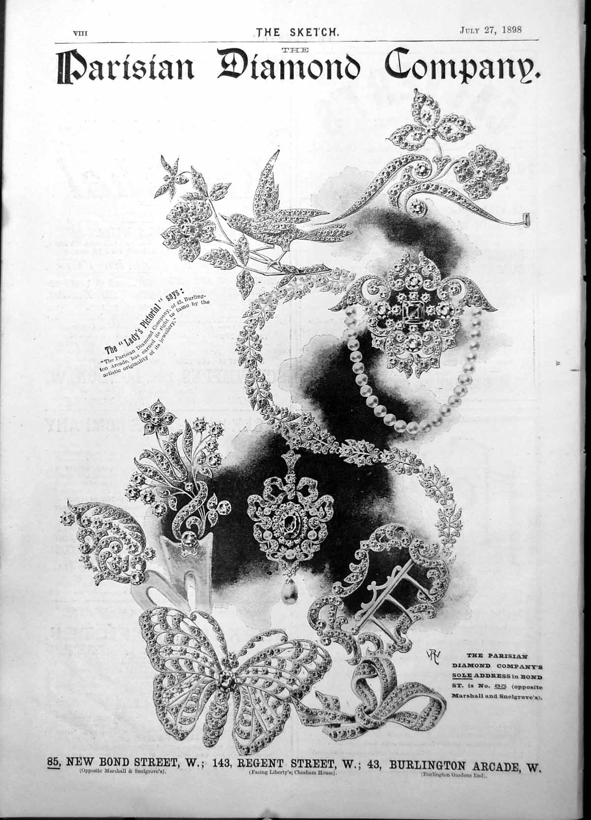 Antique Old Print Parisian Diamond Company 85 New Bond St 143 Regent St 1898