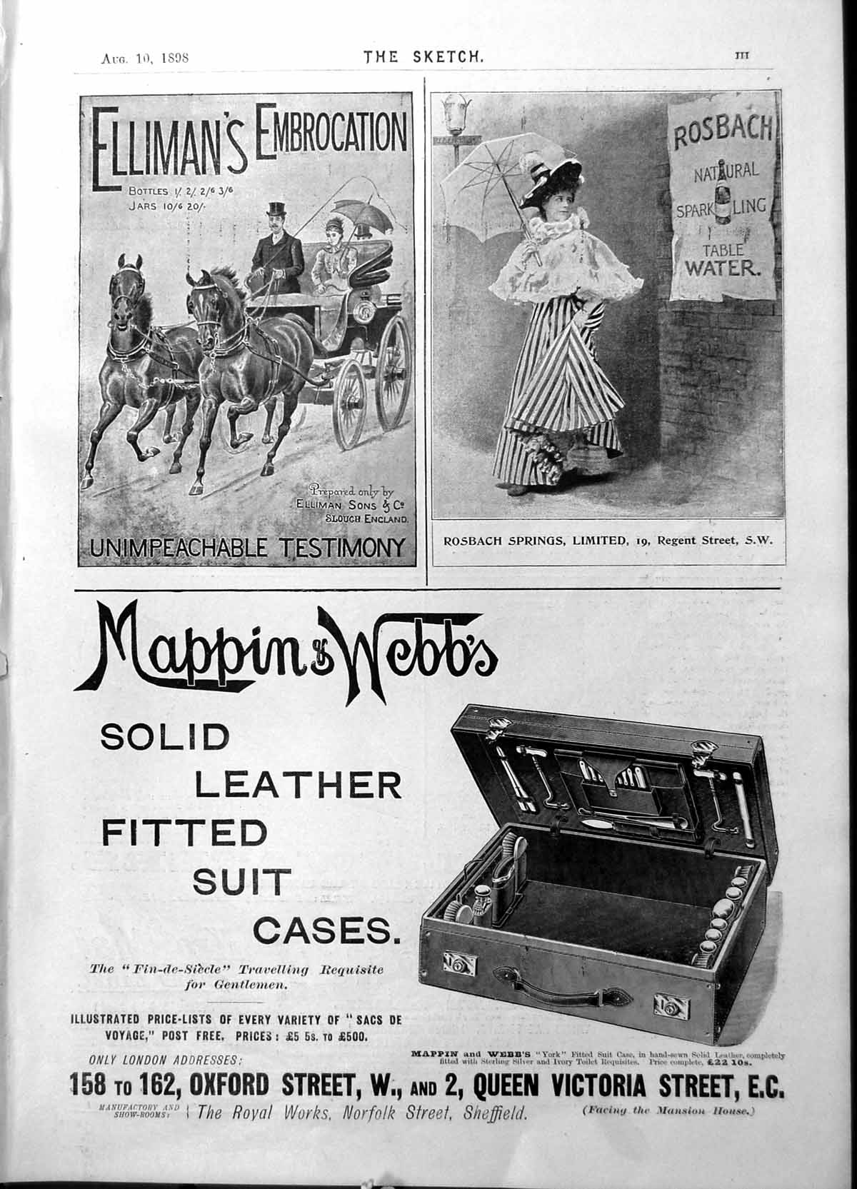 Antique Print Mappin & Webbs Ellimans Embrocation Rosbach Table Water 1898 19th