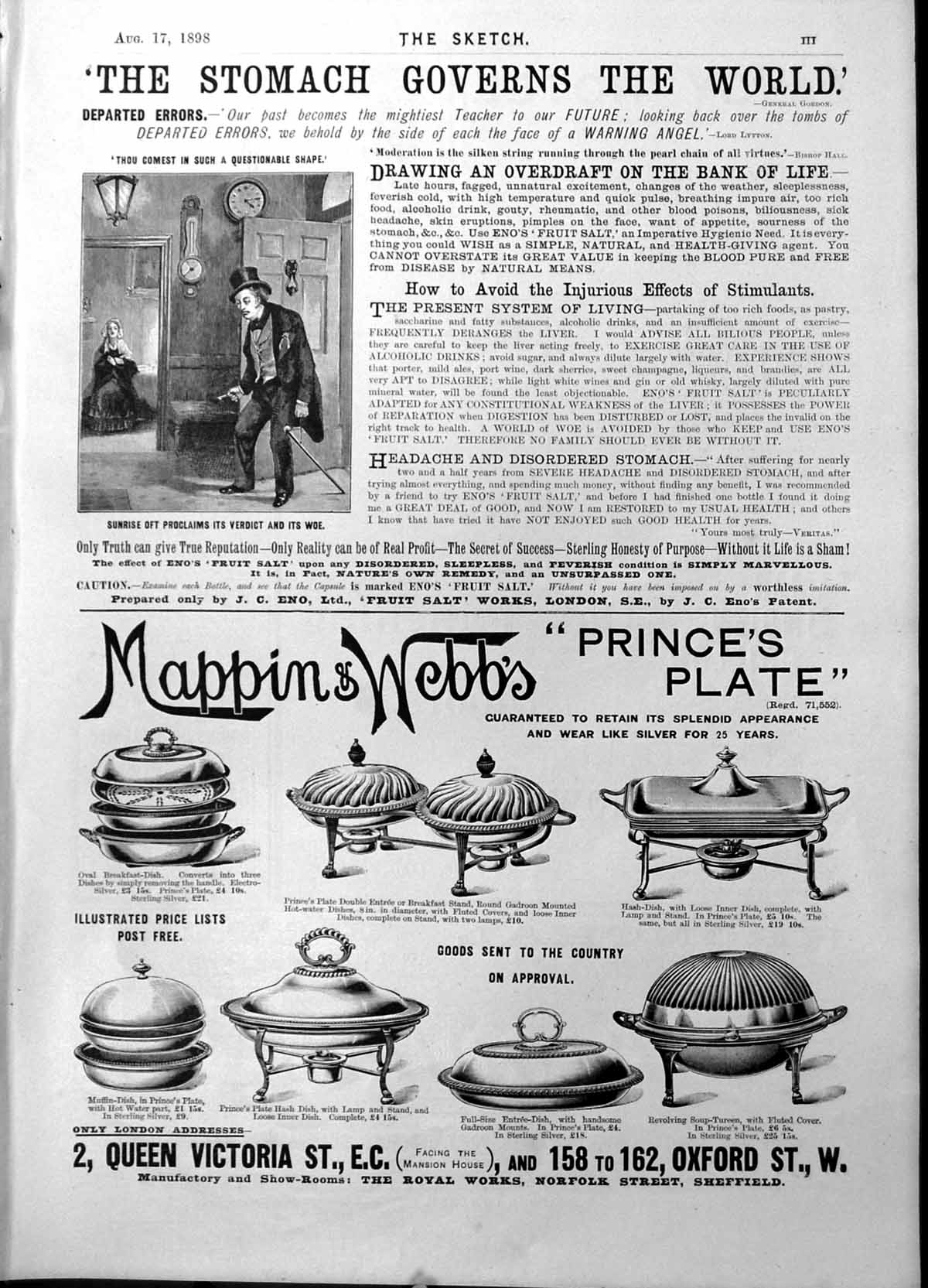 Antique Print Enos Fruit Salt Natures Own Remedy Mappins & Webb Plate 1898 19th