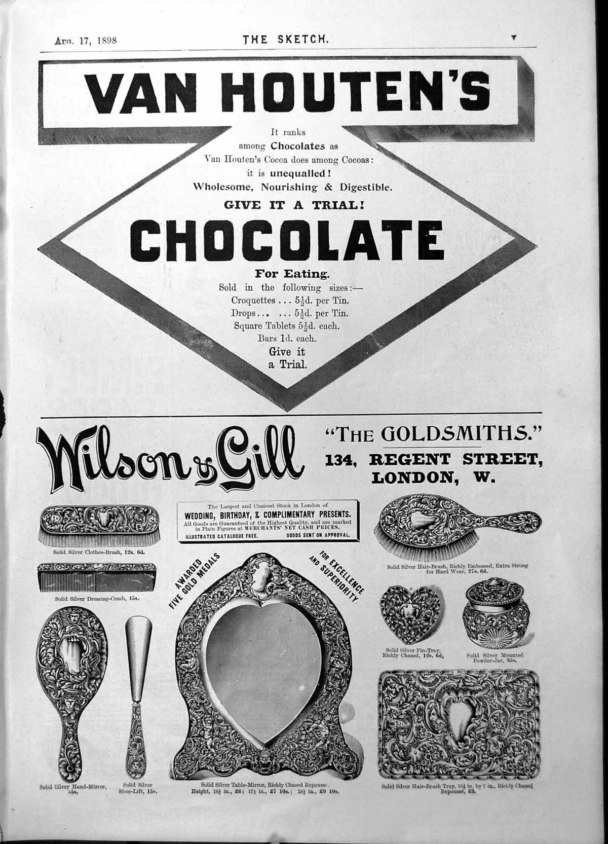 Old Print Van Houtens Chocolate Wilson & Gill Gsmiths Silver Presents 18 19th