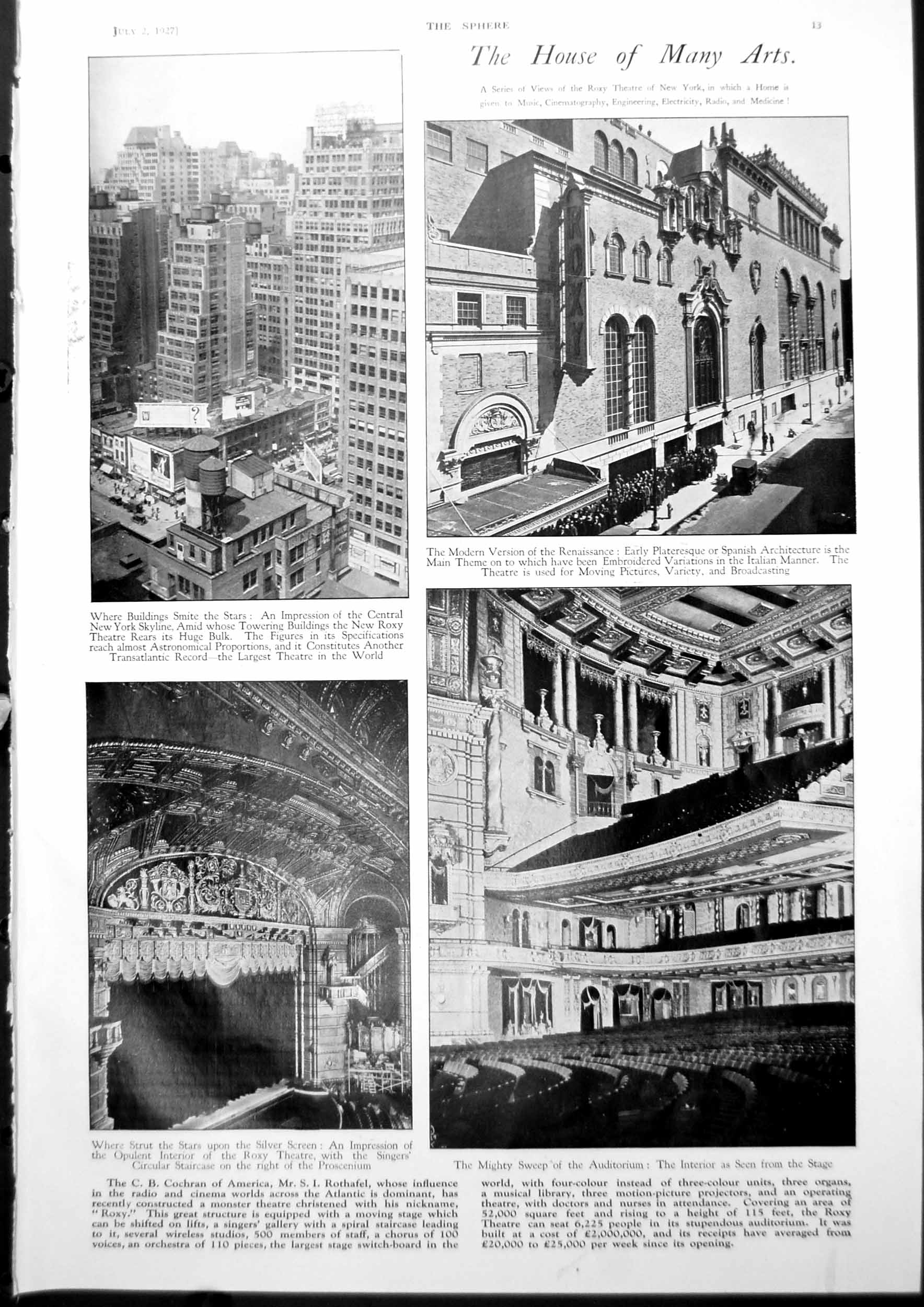 Old Print New York Skyline Spanish Architecture Roxy Charles Dickens 1927 20th