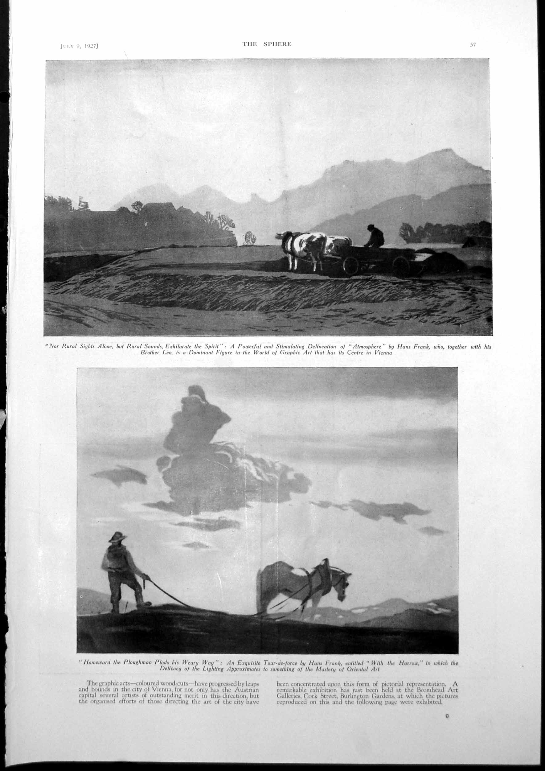 Antique Old Print Hans Frank Oxen Horse Ploughman Marabou Woodcut Bird 1927