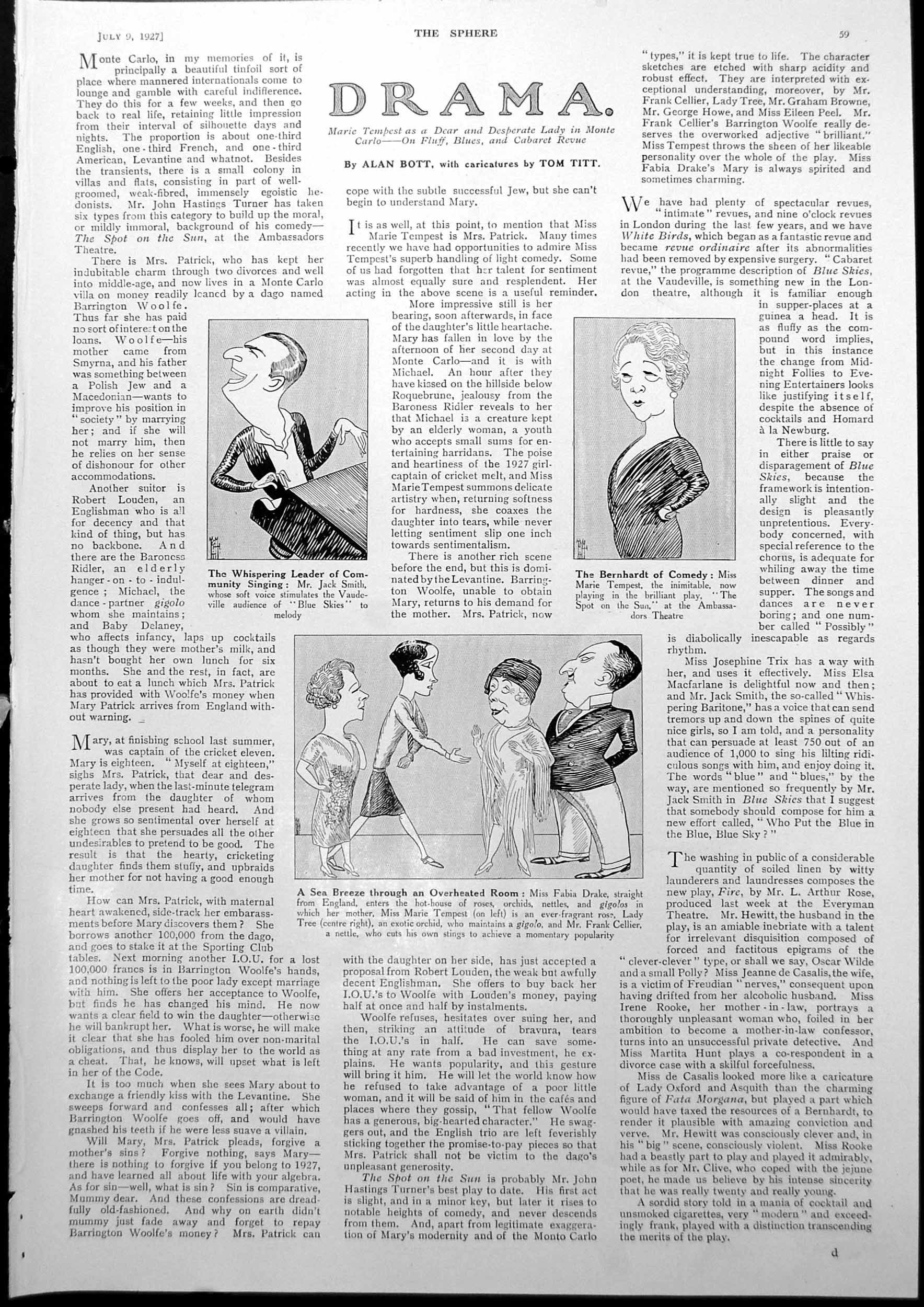 Antique Print Drama Caricatures Tom Titt Princess Yolande Thea Rasche 1927 20th
