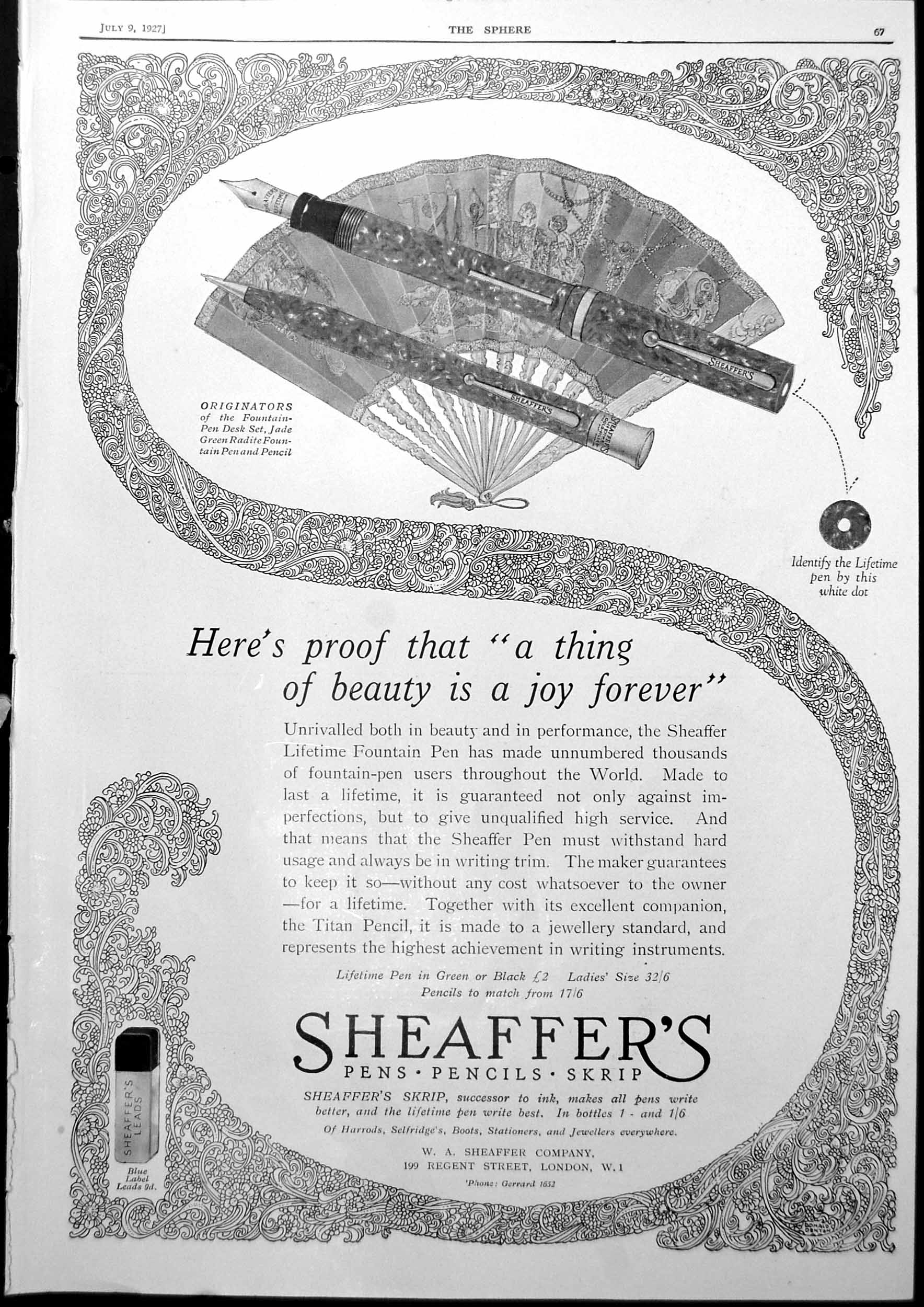 Antique Old Print Sheaffer'S Pens Advert Scrolling Craven Ship Figurines 1927