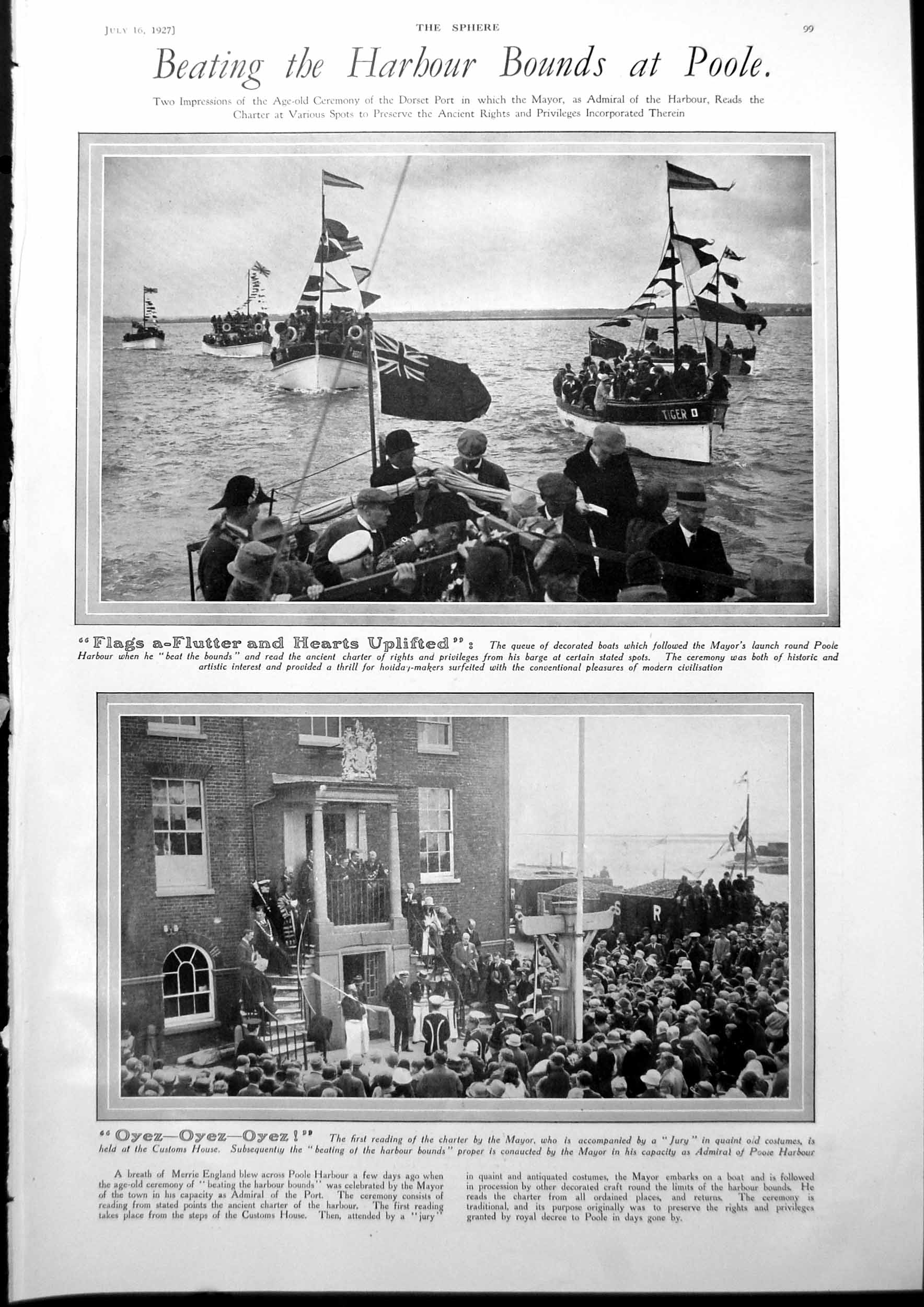 Antique Old Print Beating Harbour Bounds Poole Mayor Mrs Corson Channel 1927
