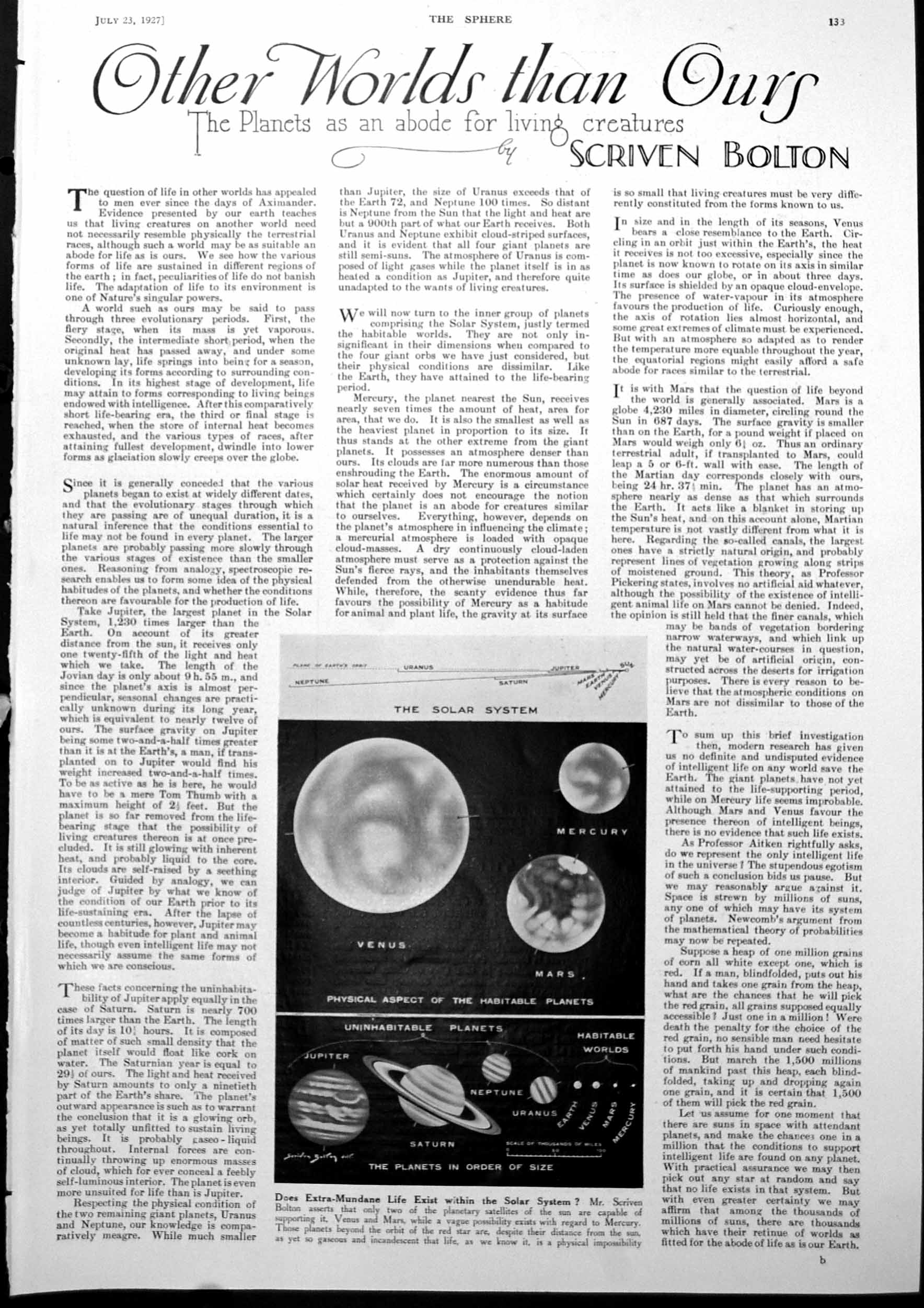 Antique Print Life In Solar System Planets By Size Modern China Child 1927 20th