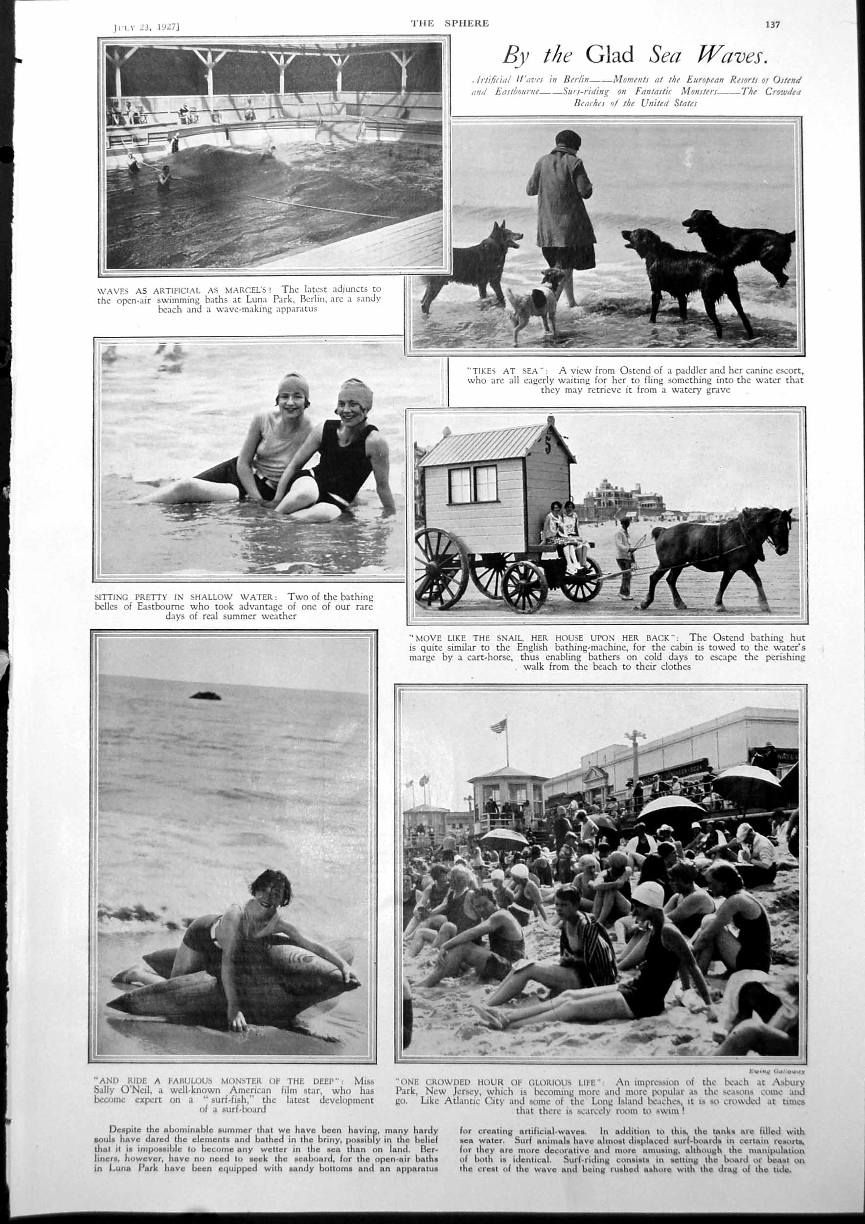 Antique Old Print Scenes Seaside Bathing Hut Bathers Tyne Cot Cemetery 1927
