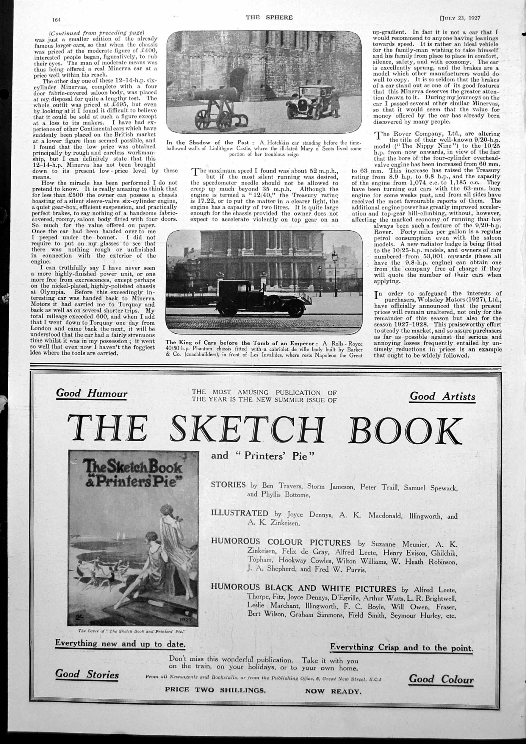 Old Print Hotchkins Car Linlithgow Castle Rolls-Royce Les Invalides 1927 20th