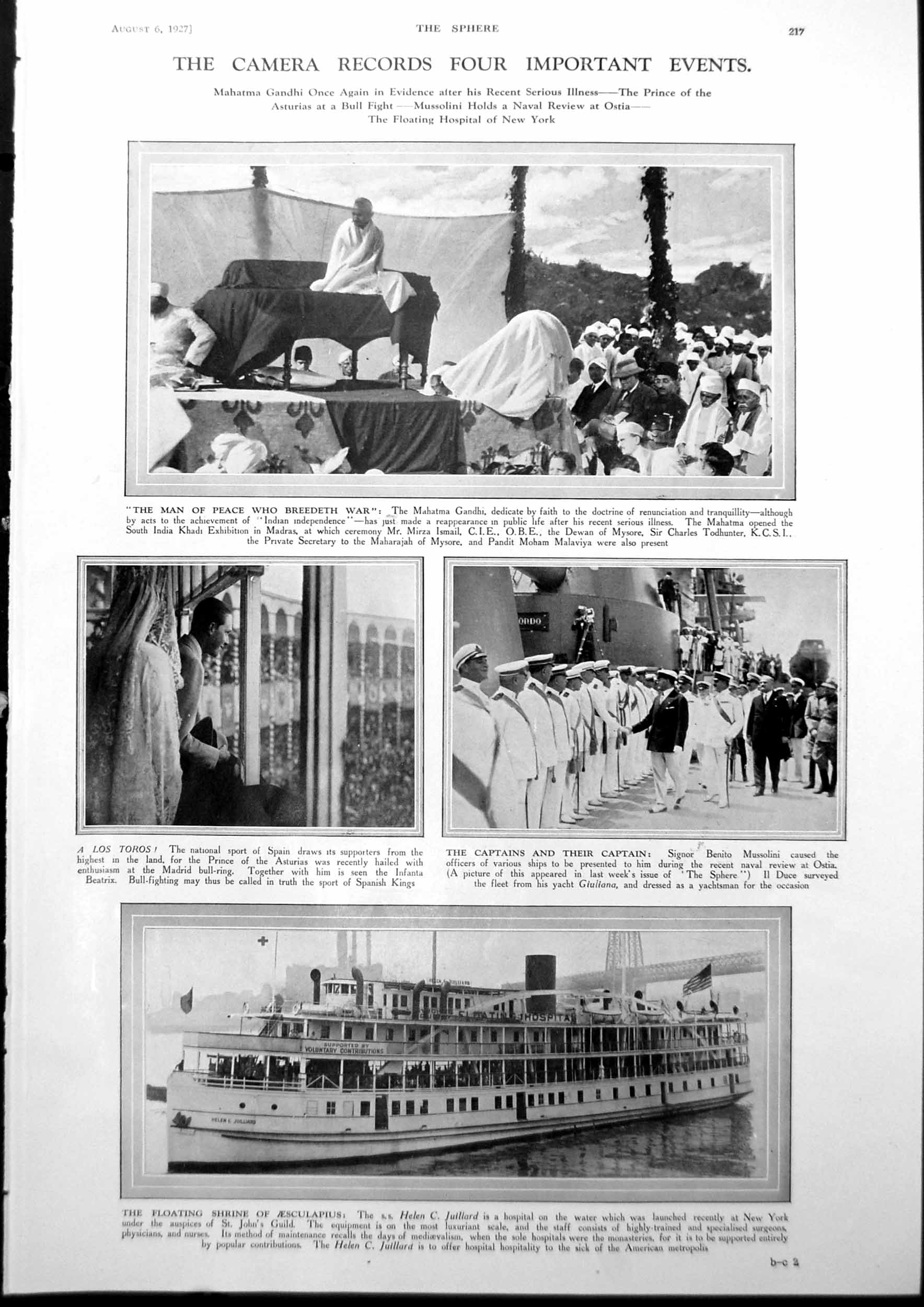 Antique Print Mahatma Ganghi S.S. Helen C. Juillard Hospital Sculpture 1927