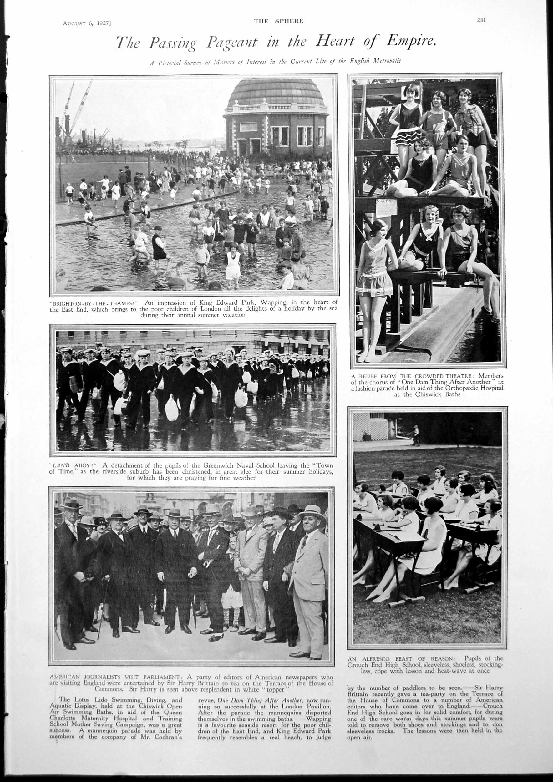 Old Print King Edward Park Wapping Children Paddling News Portraits 1927 20th