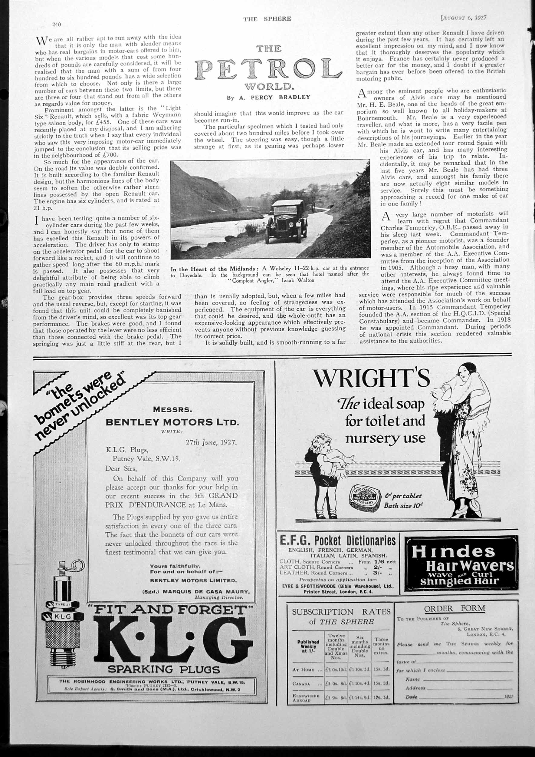 Original Old Vintage Print Wolseley At Entrance To Dovedale Heart Midlands 1927