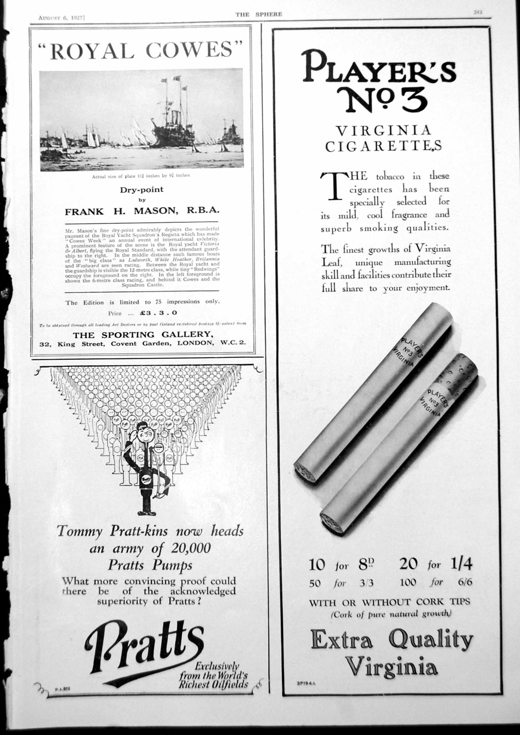 Antique Print Royal Cowes Pratts Pumps Adverts Scene From Frontiersman 1927