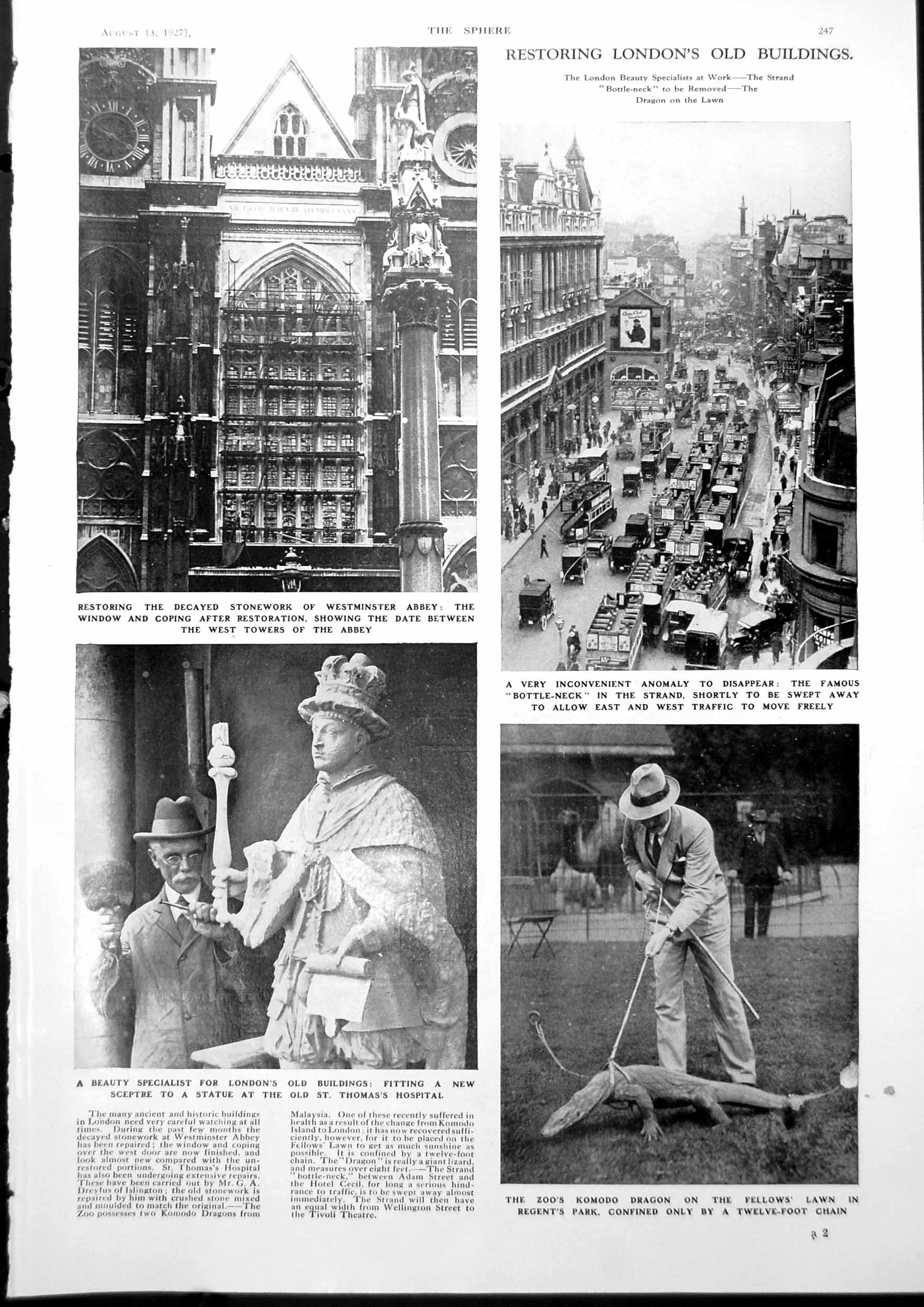 Antique Old Print Restoring Stonework Westminster Abbey Montreux Flood 1927