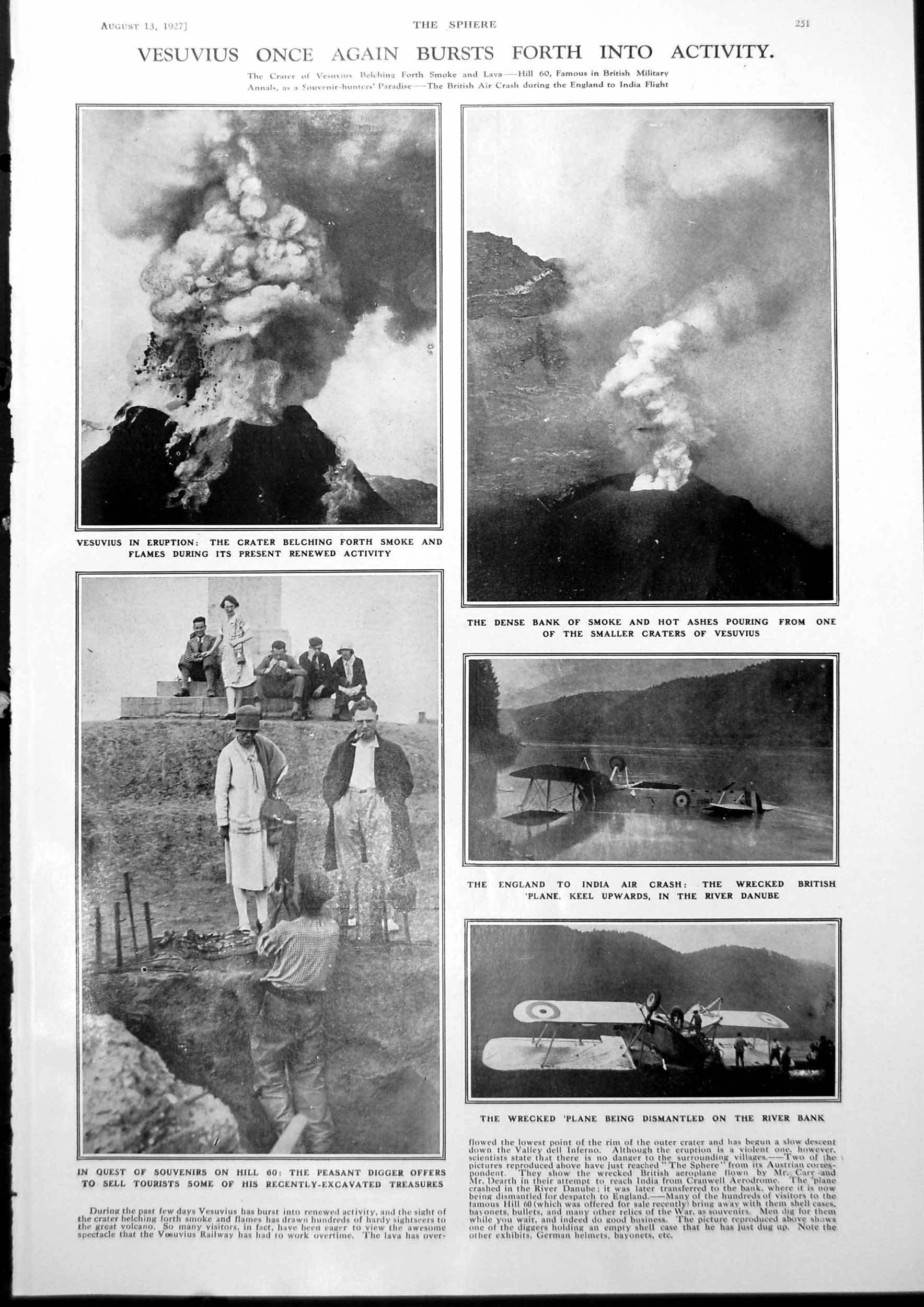 Old Print Vesuvius Eruption England India Air Crash Channel Swimmers 1927 20th