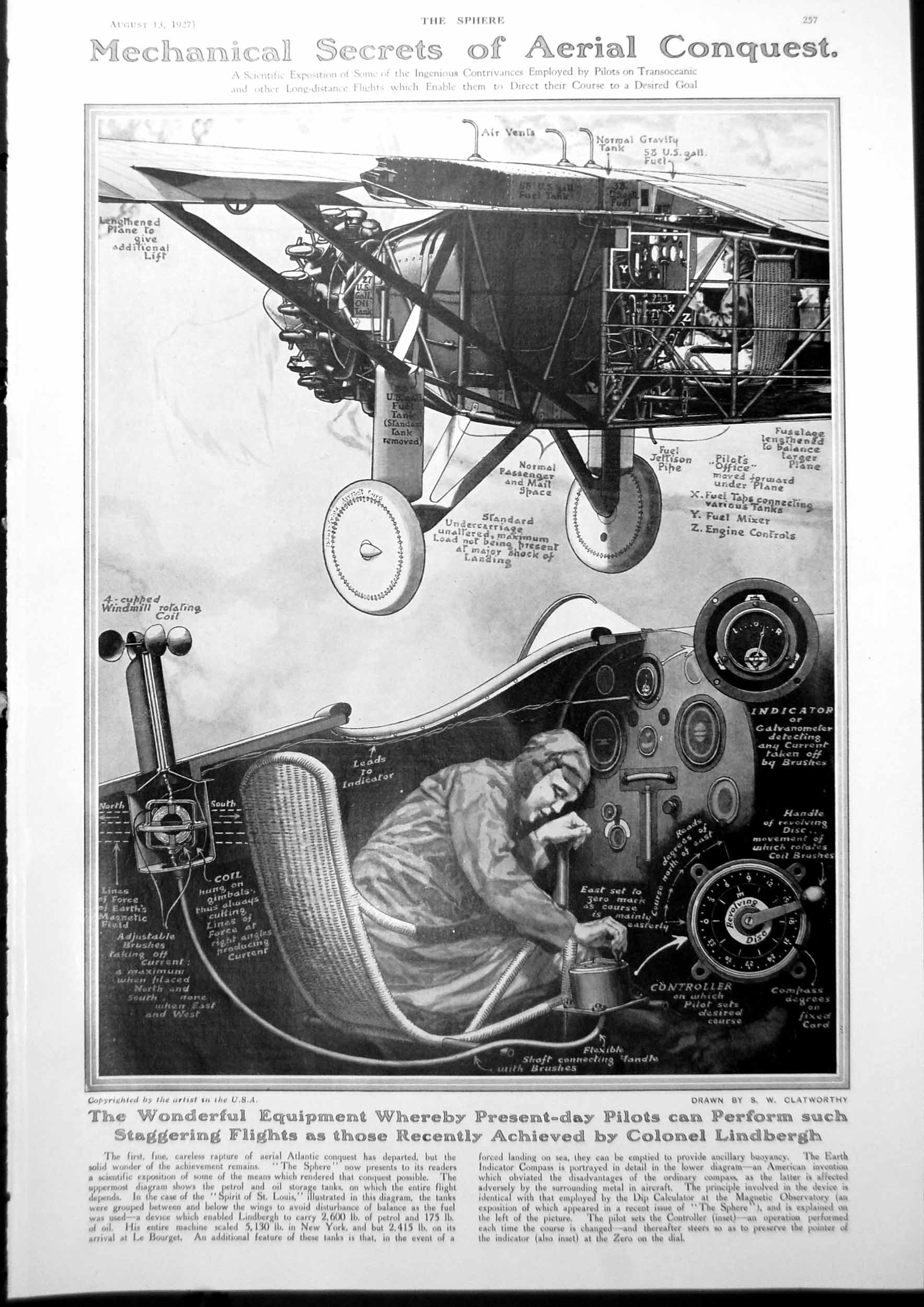 Old Vintage Print Aerial Conquest Interior Plane Annotated Jp Morgan 1927 20th