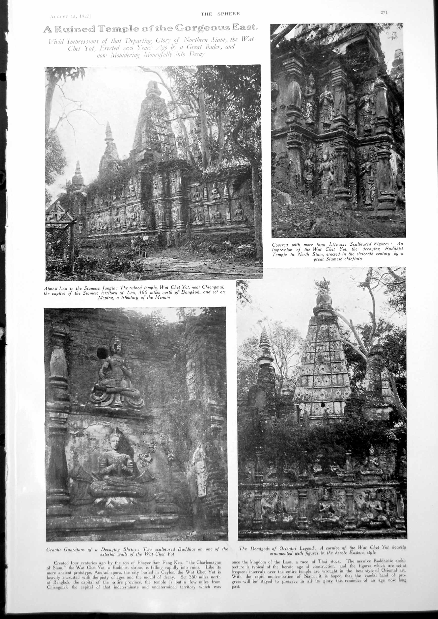 Antique Old Print Ruined Temple Siam Shrine St Moritz Ski Jump Car News 1927