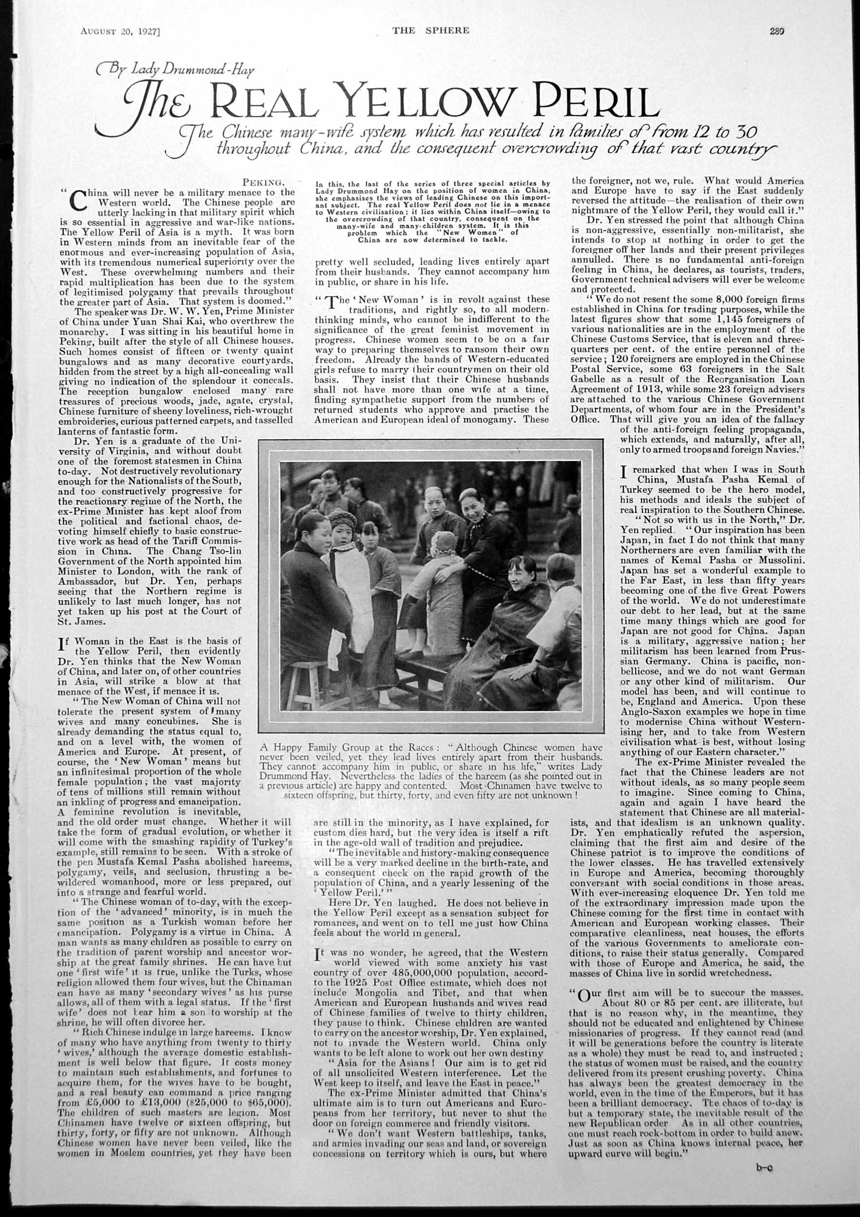 Old Print Chinese Family Group At The Races Top Alps Seen Aeroplane 1927 20th