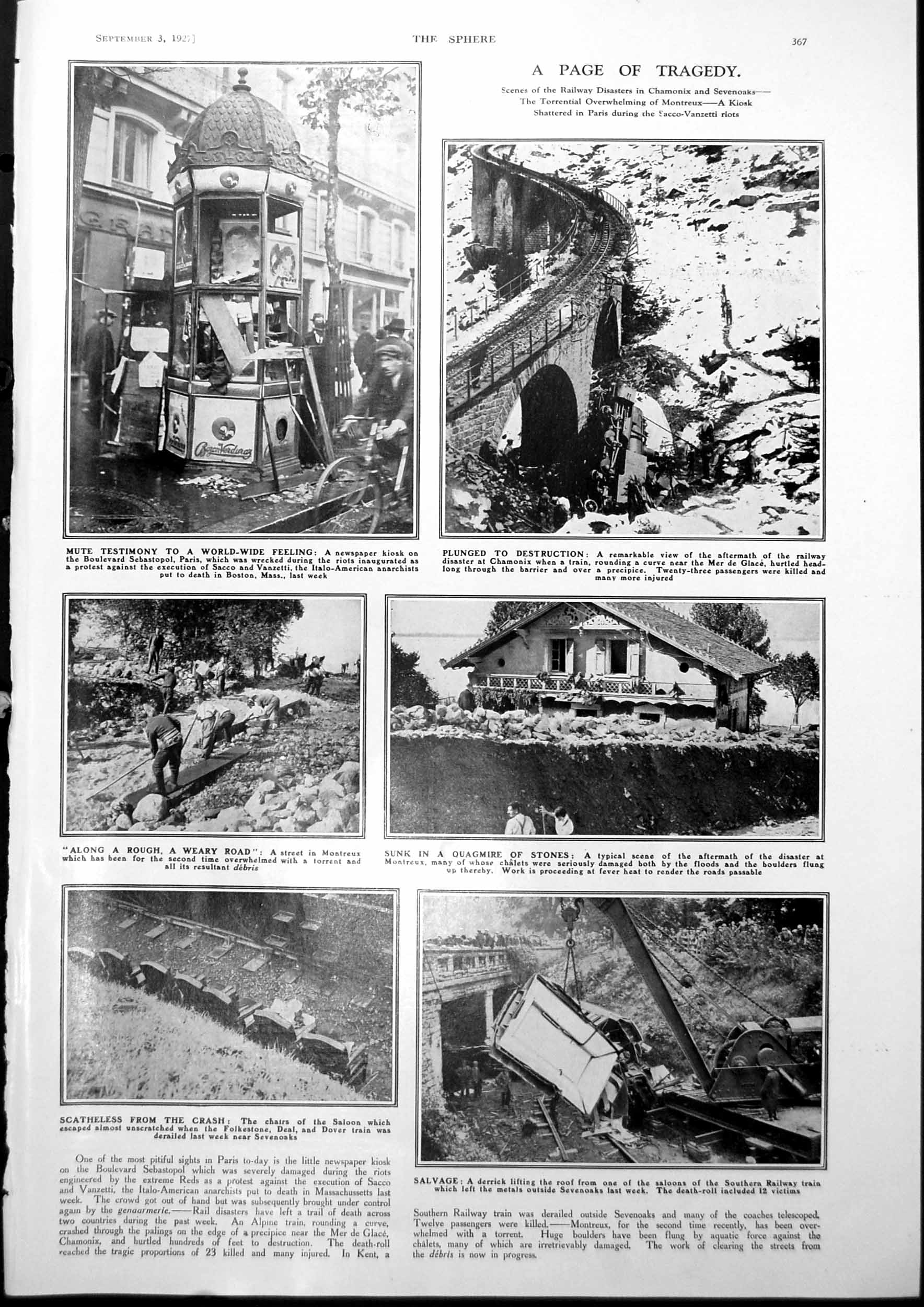 Old Vintage Print Railway Disaster Chamonix Sevenoaks Pride Detroit 1927 20th