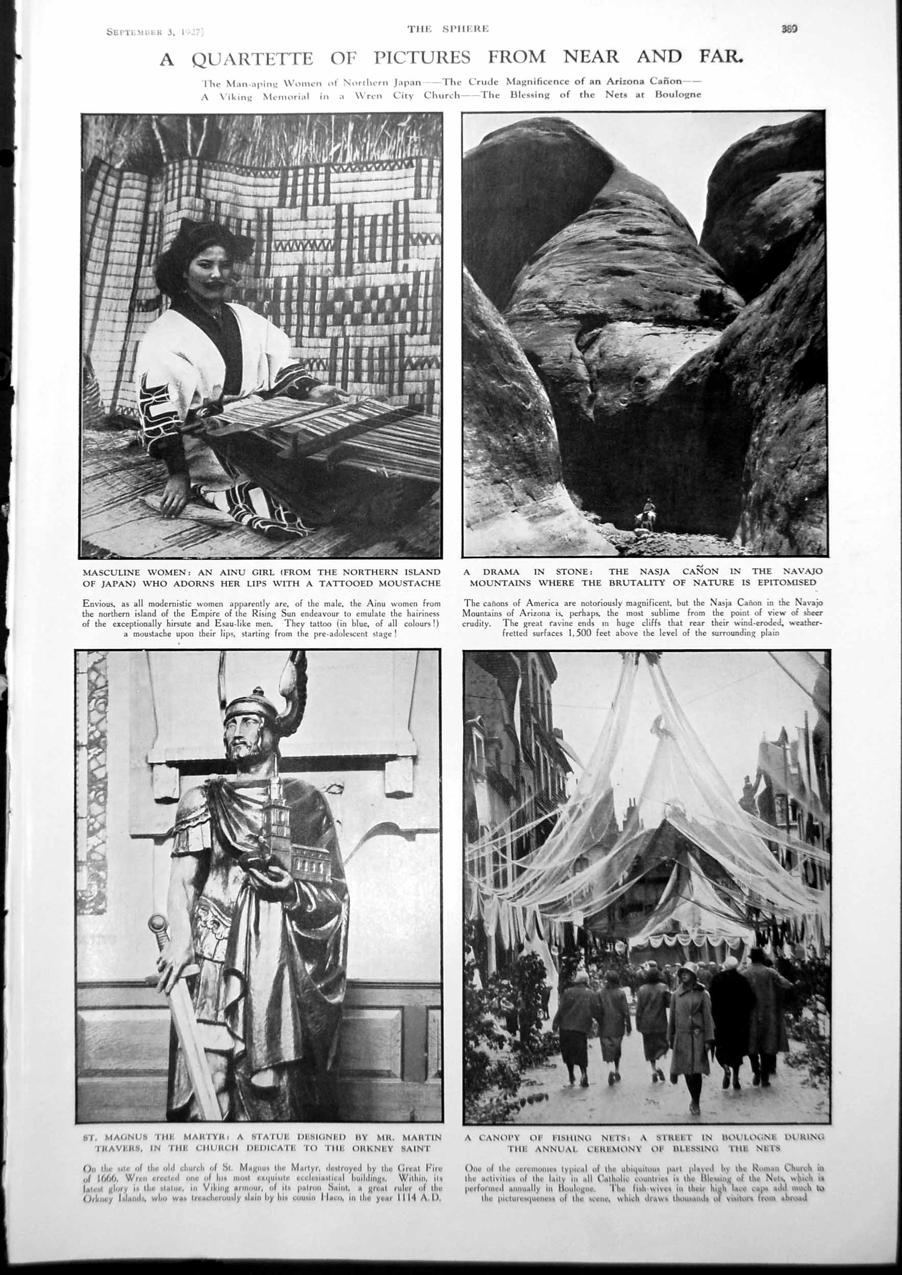 Antique Print Ainu Girl Tattooed Moustache Hook Swinging Festival News 1927