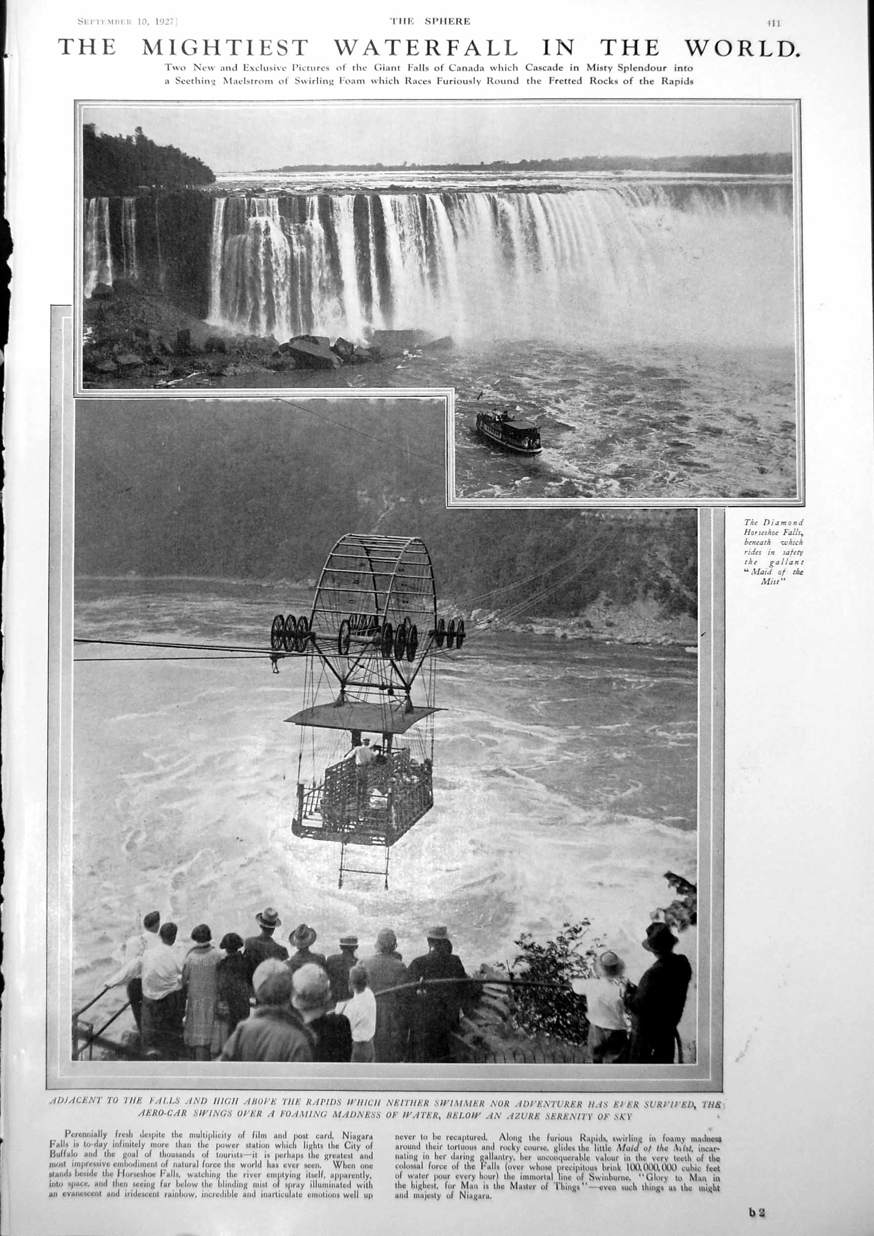Old Vintage Print Diamond Horseshoe Falls Aero-Car Boat London News 1927 20th