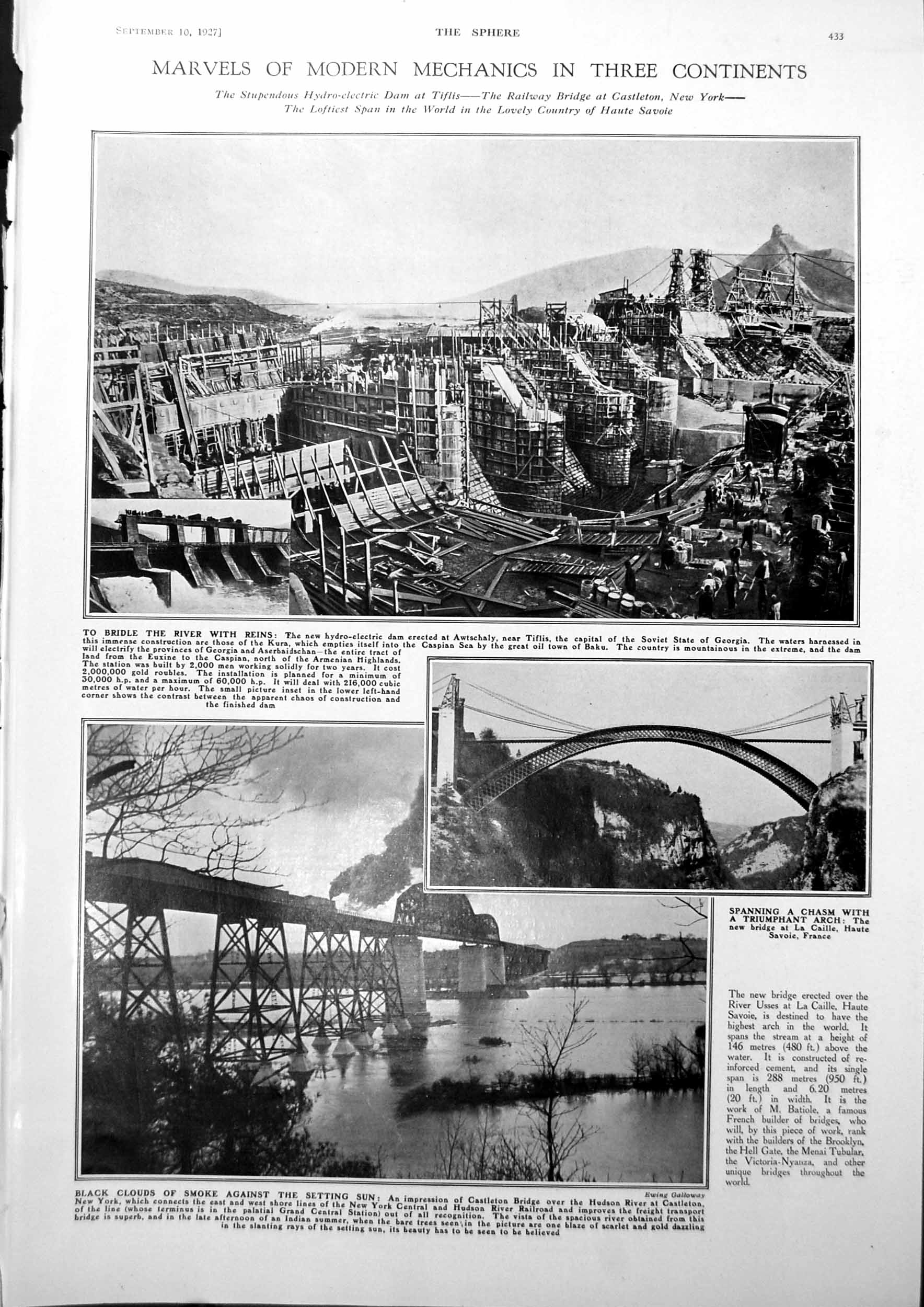Antique Old Print Hydro-Electric Dam Awtschaly Castleton Bridge Fashion 1927
