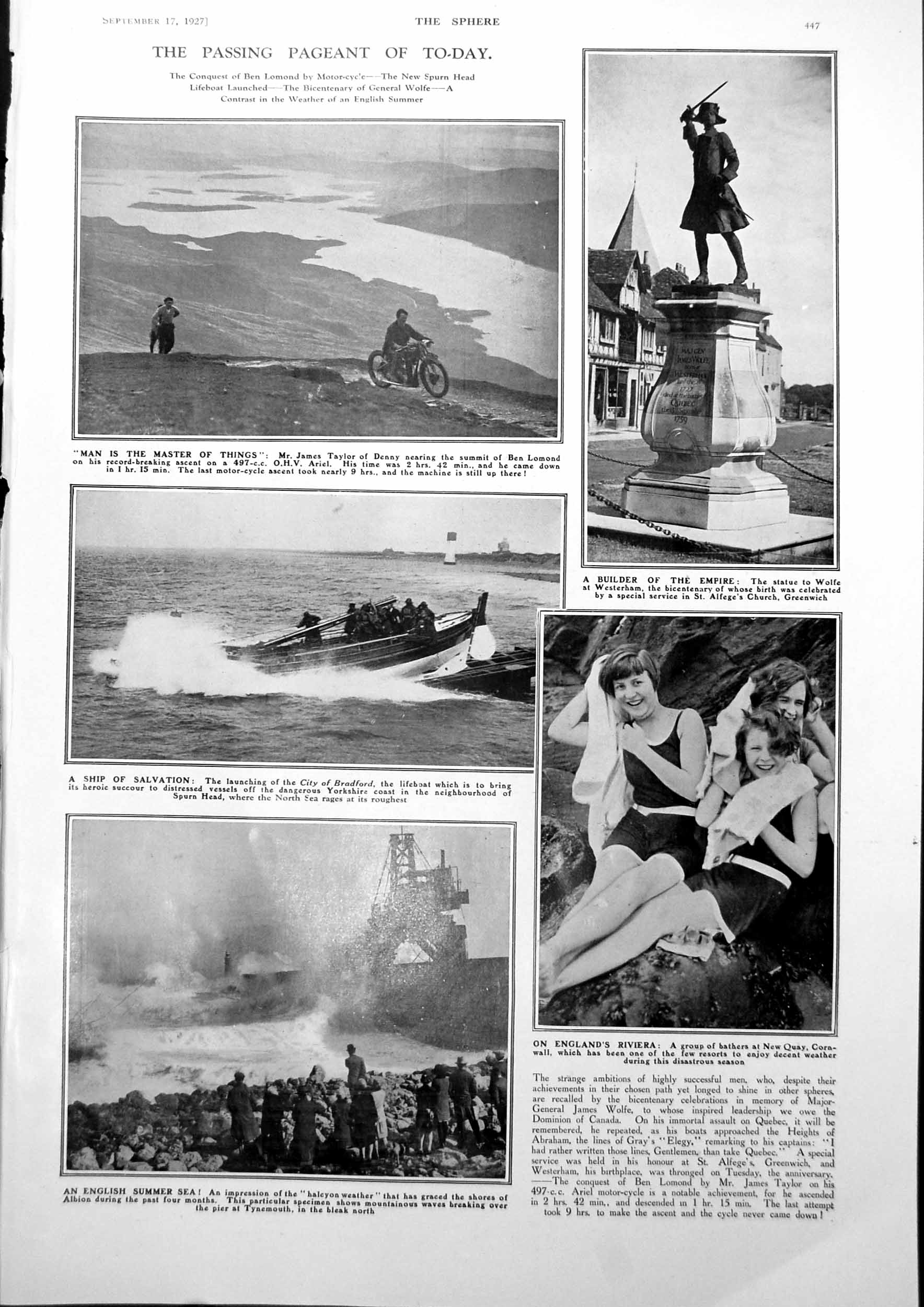 Antique Print Bathers Newquay City Bradford Lifeboat Napier Monoplane 1927 20th