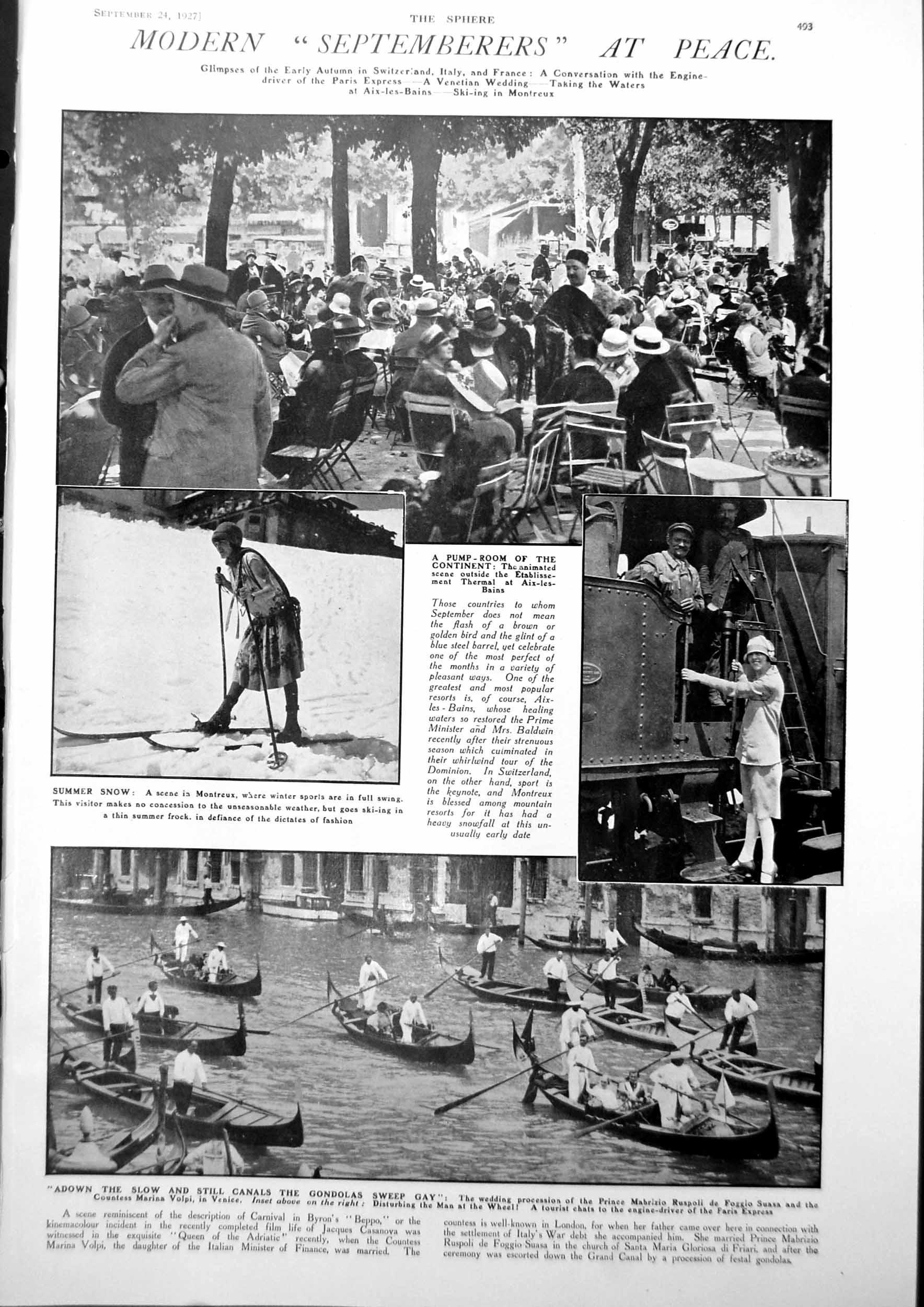 Antique Old Print Aix-Les-Bains Scene Summer Snow Montreux Modern Women 1927