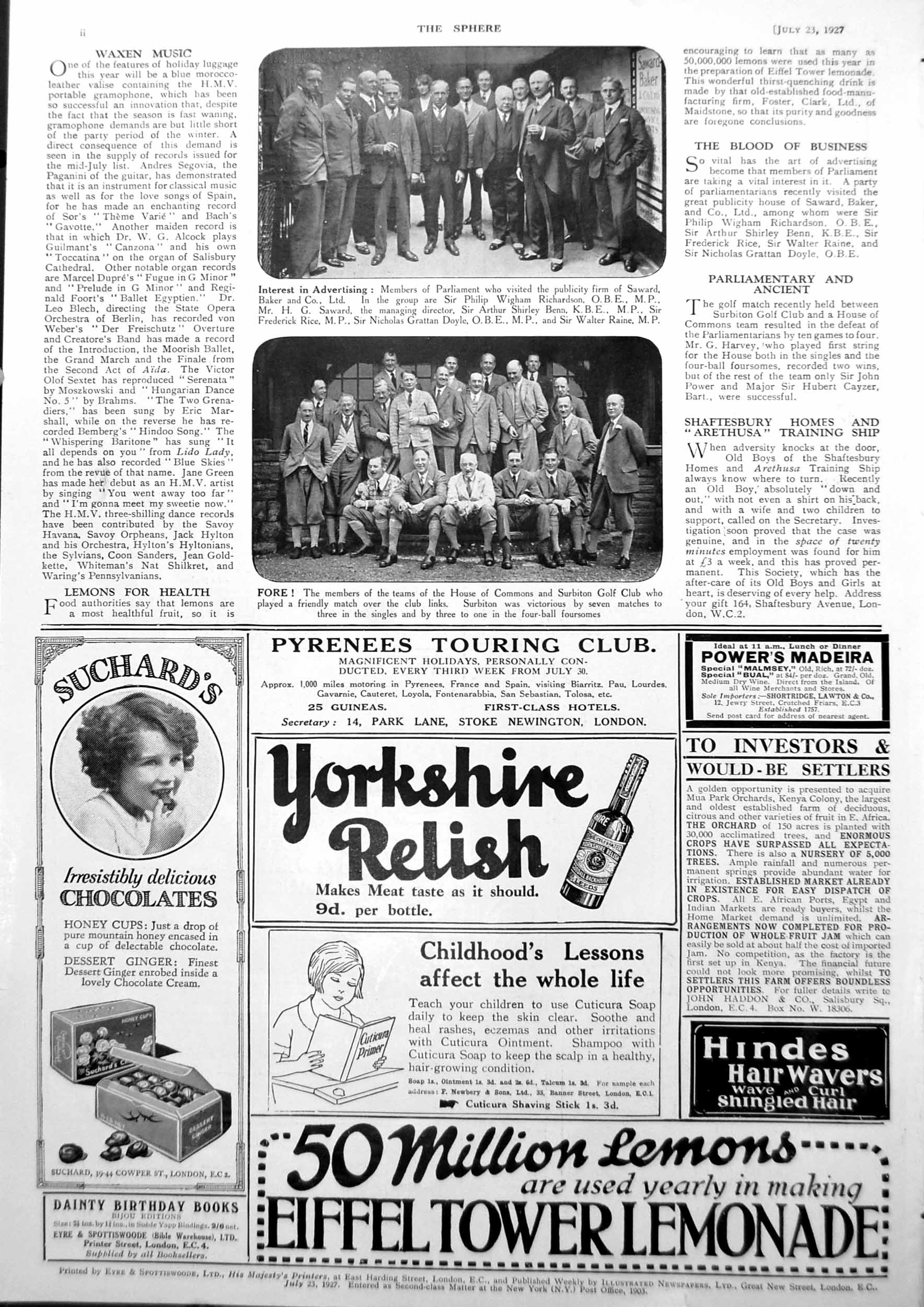 Old Print Mp'S Interested Advertising House Commons V Surbtion Golf 1927 20th