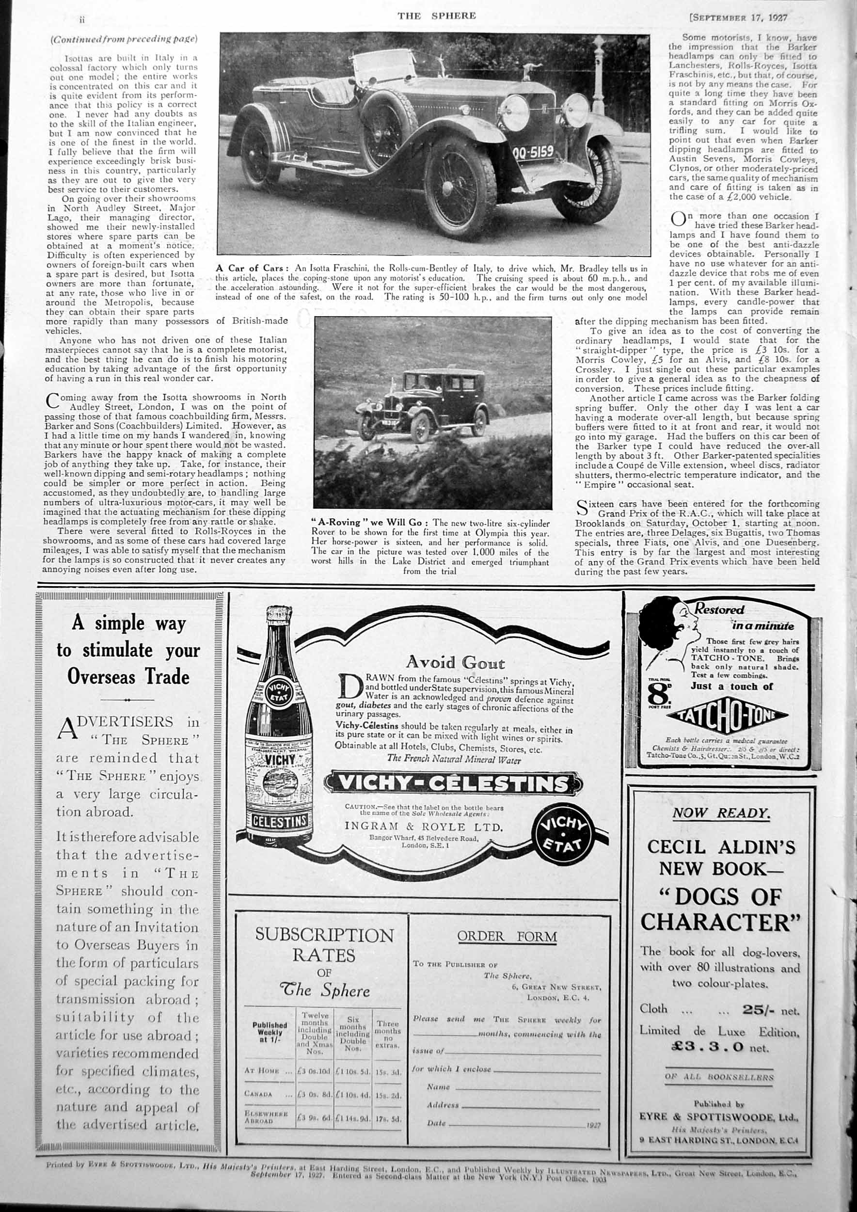Old Vintage Print Isotta Fraschini Rolls-Cum-Bentley Italy Rover Car 1927 20th
