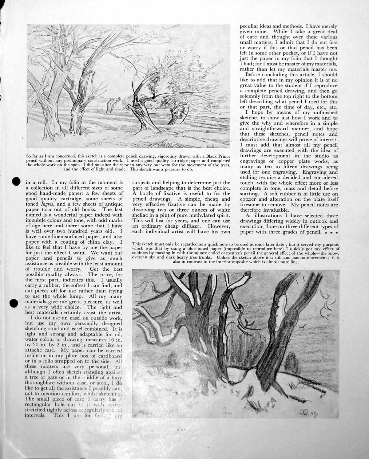 Antique Old Print Studies Trees In Pencil Drawing Light Shade Movement C1952