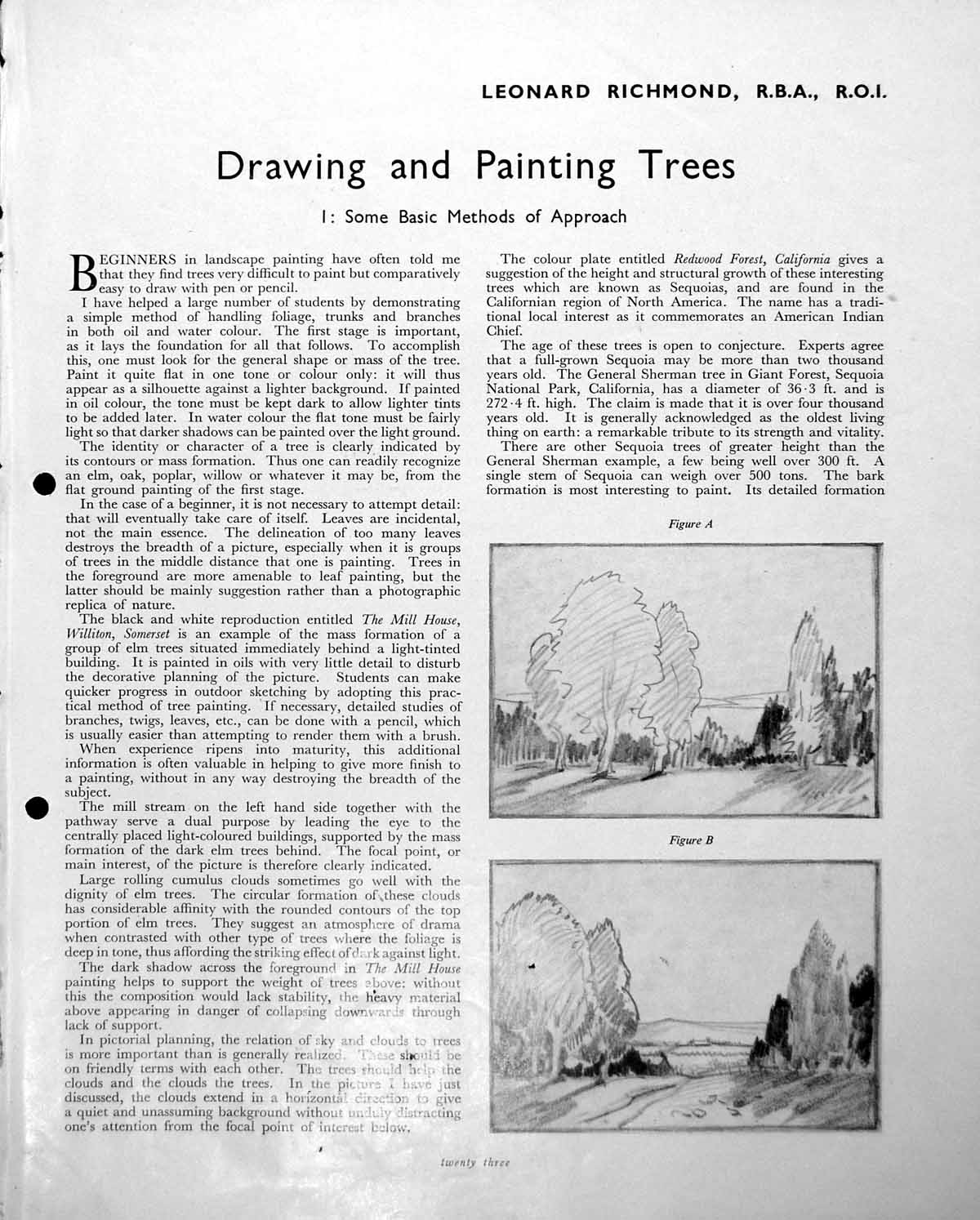 Antique Old Print Leonard Richmond Drawing Trees Mill House Williton C1952