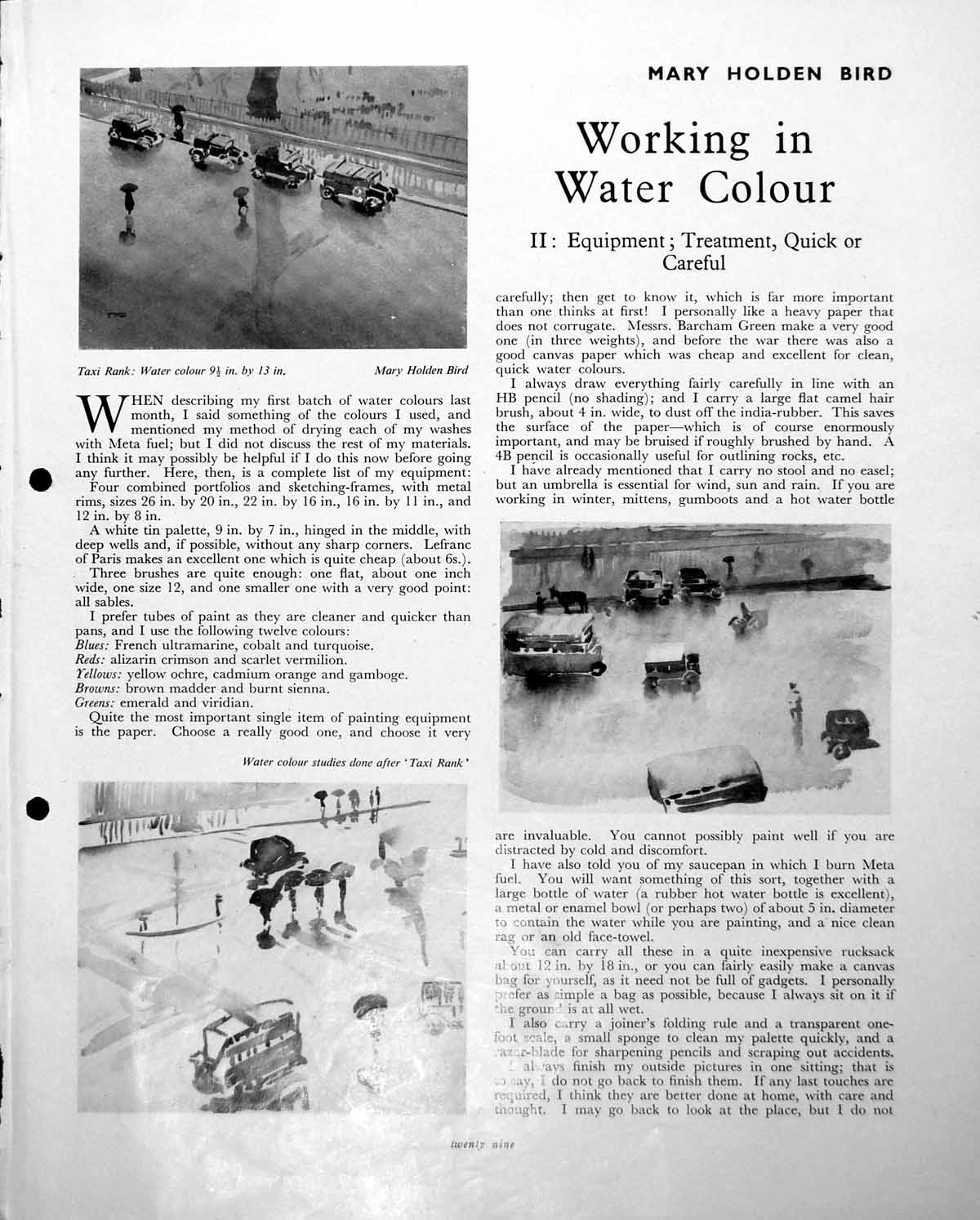 Antique Old Print Mary Hen Bird Taxi Rank Watercolour Studies Morning C1952