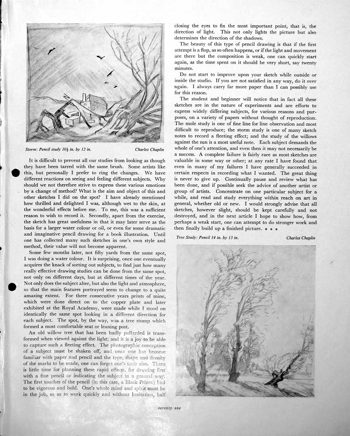 Old Vintage Print Charles Chaplin Storm Pencil Study Tree Movement C1952 20th