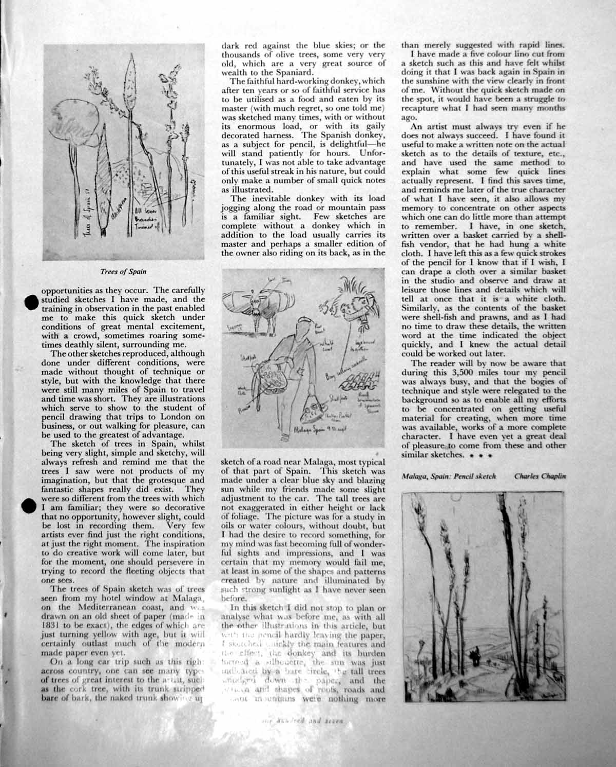 Antique Print Charles Chaplin Trees Spain Man Carrying Baskets Malaga C1952