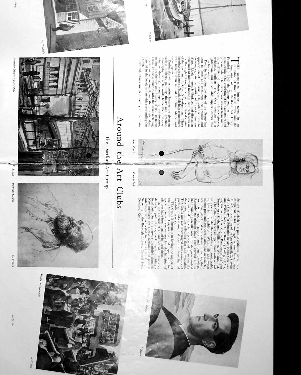 Antique Old Print Damaged Dartford Art Group Waterloo Bridge Portrait C1952