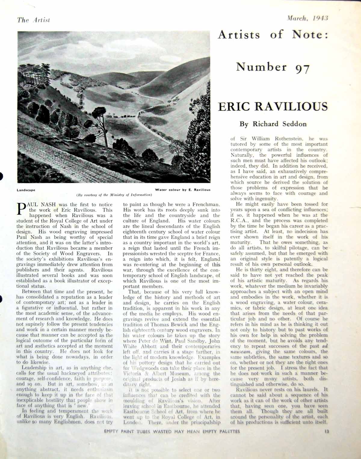Old Landscape Eric Ravilious Rendering Mines Safe Lewis Gunner 1943 0 20th