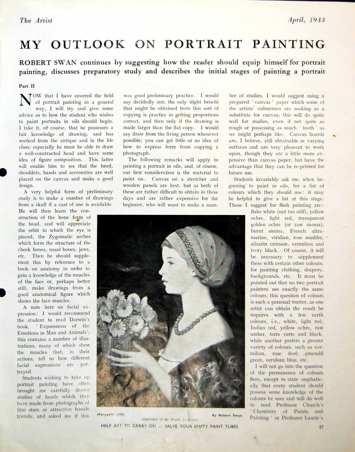 Old Vintage Print MarygRobert Swan Girl Flowers Lieut. Philip Dark 1943 0 20th