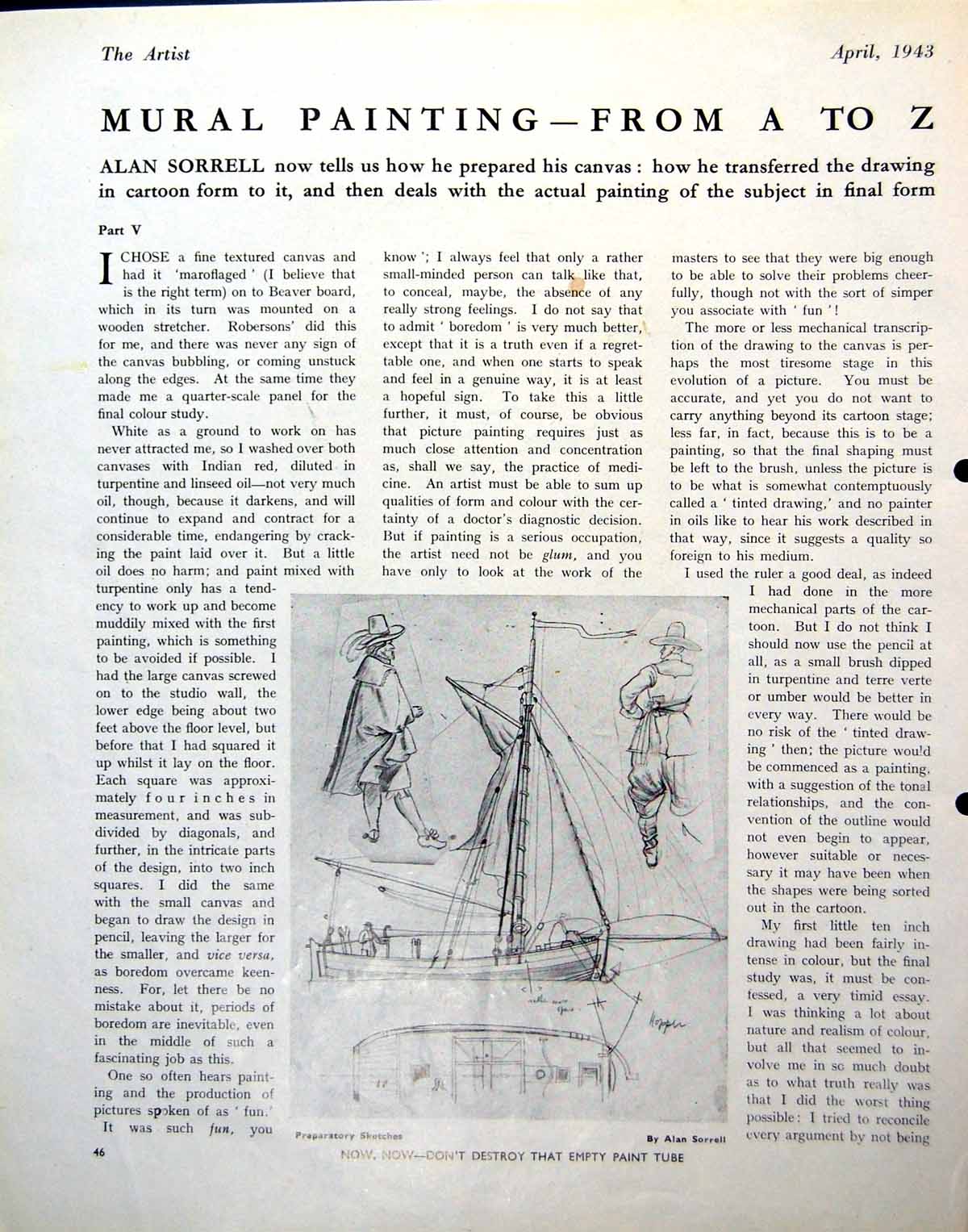 Antique Old Print Mural Painting Preparatory Sketches Sailors Boat Mast 1943