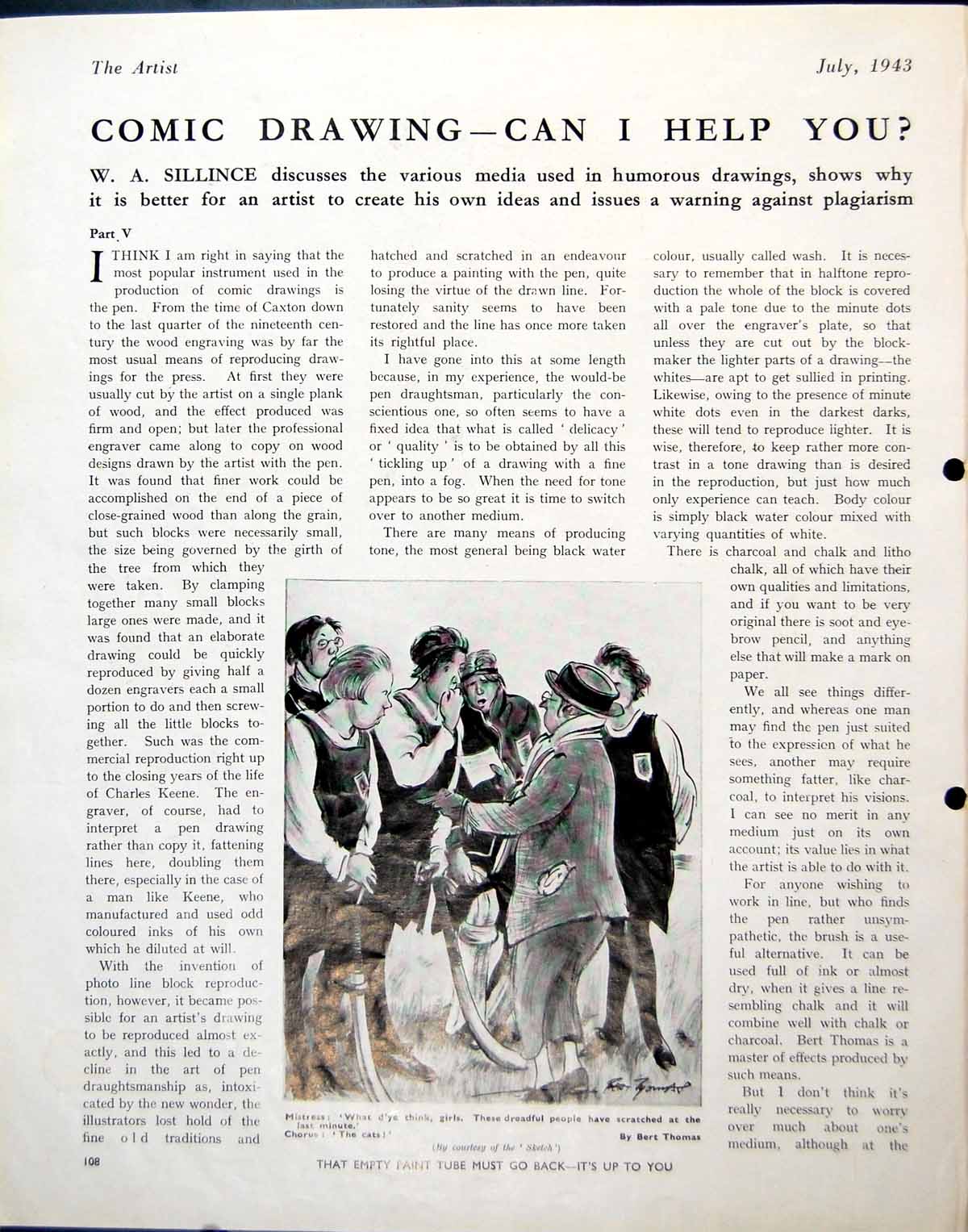 Antique Old Print Comic Drawing Hockey Girls B Thomas Peaceful Waters 1943