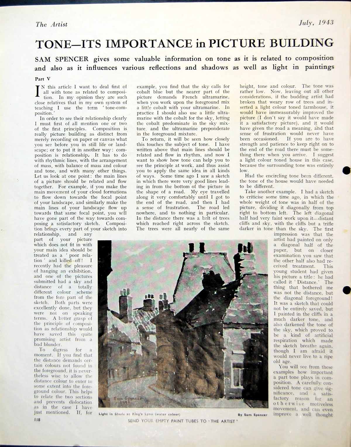 Antique Old Print Light In Shade At King'S Lynn Sam Spencer Street Scene 1943