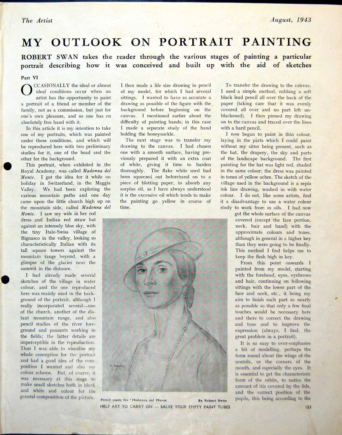 Antique Old Print Pencil Study Madonna Del Monte Robert Swan Bignsaco 1943