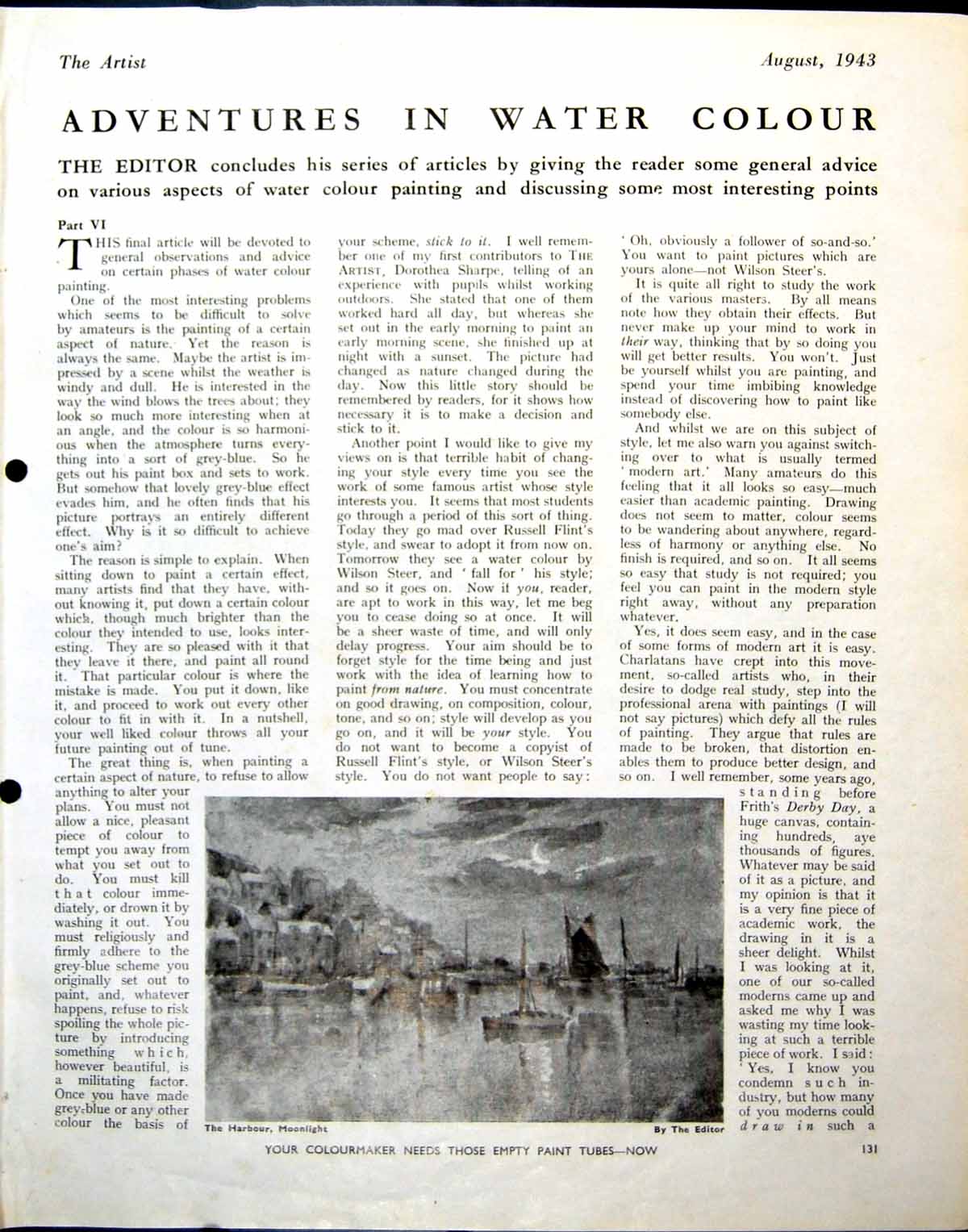 Antique Old Print The Harbour Moonlight Editor Cove Rocks Boats Water 1943