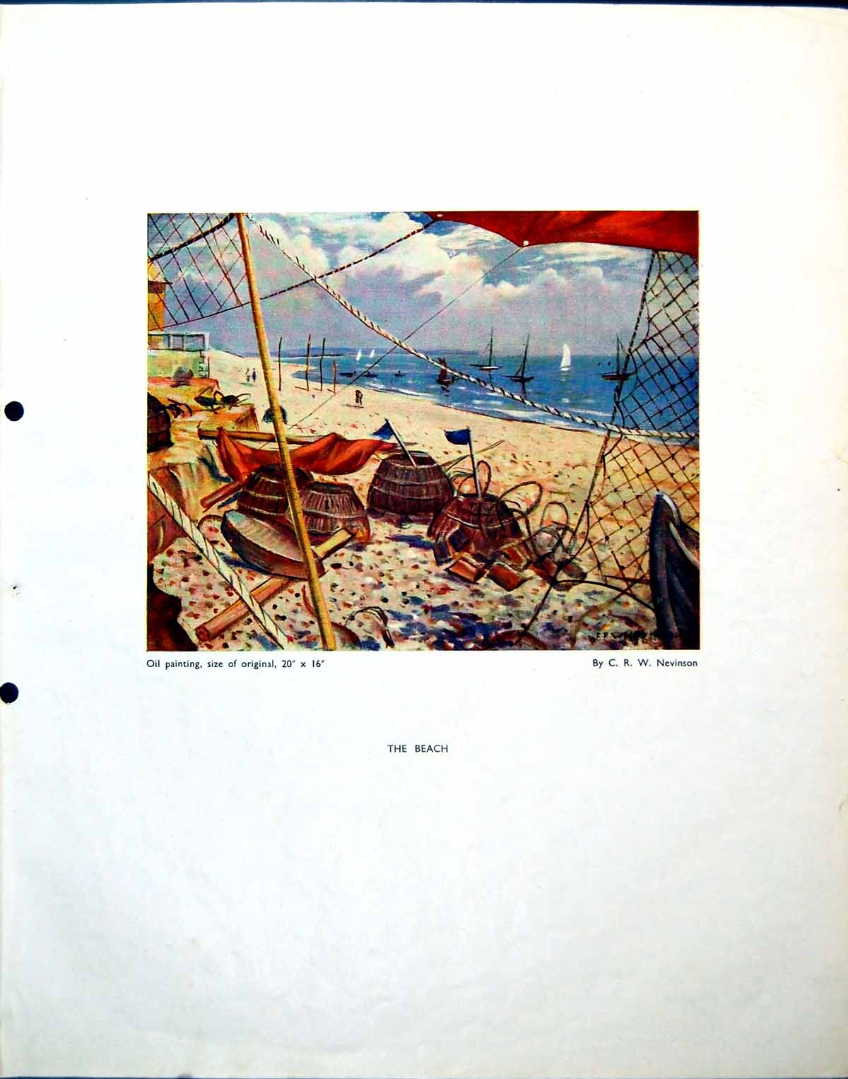 Antique Old Print The Beach Crw Nevinson Lobster Pots Flags Nets Sand 1943 20th