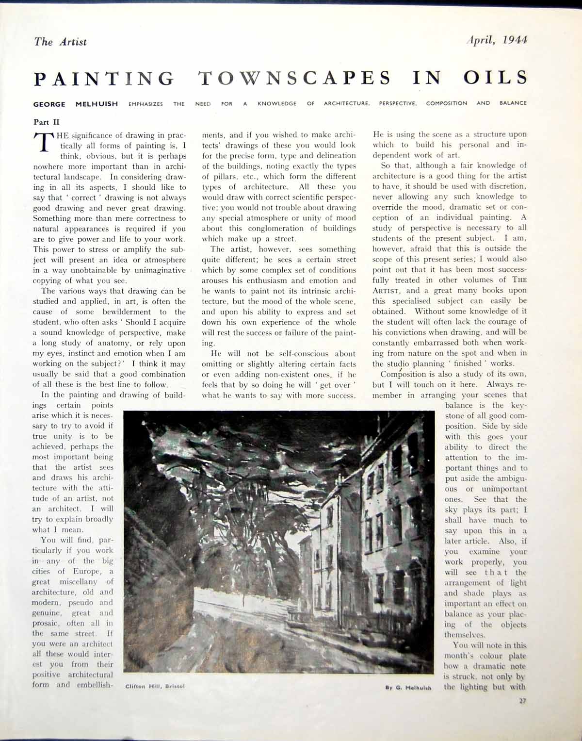 Antique Old Print Clifton Hill Bristol G Melhuish Admiralty Arch Sketch 1944