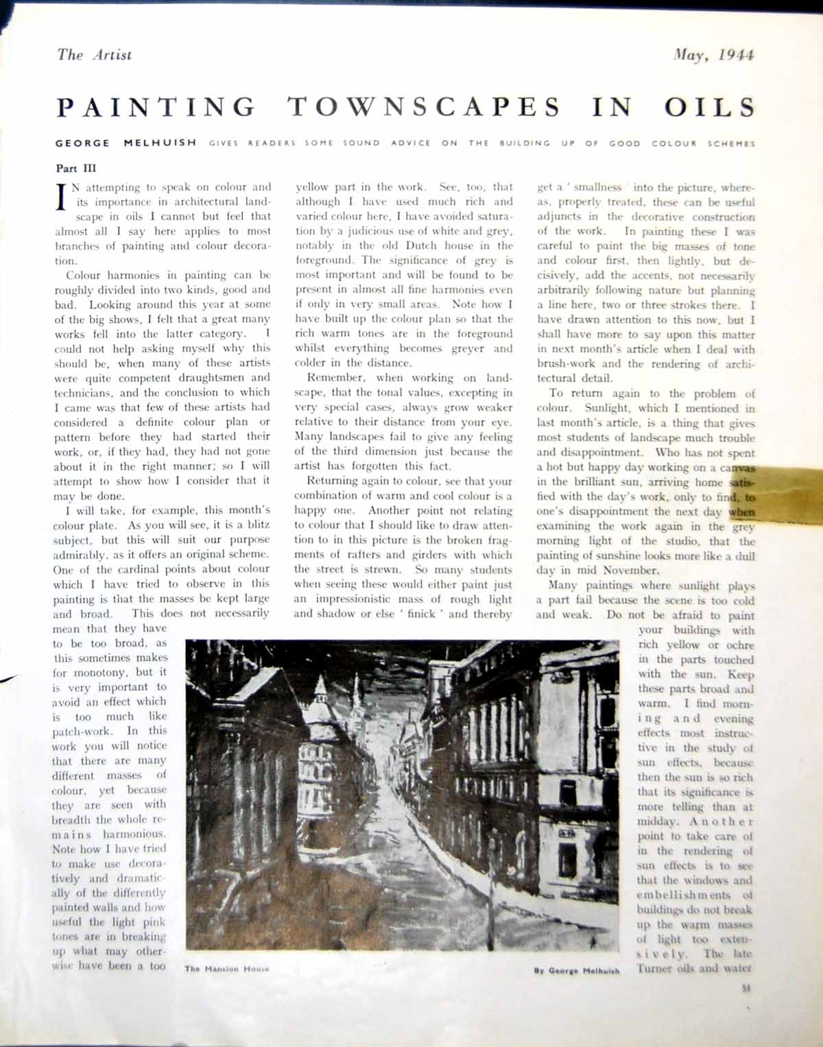 Antique Print The Mansion House George Melhuish Fire Buildings Smoke 1944 20th