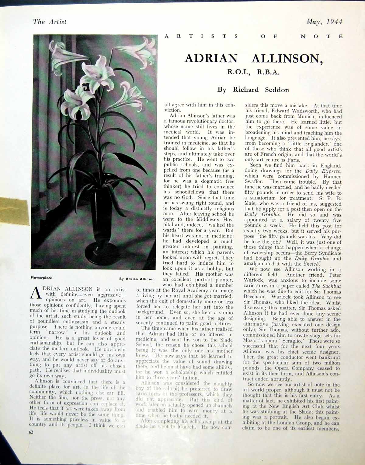 Antique Old Print Flowerpiece Adrian Allinson Tal Lily Vase Windowsill 1944