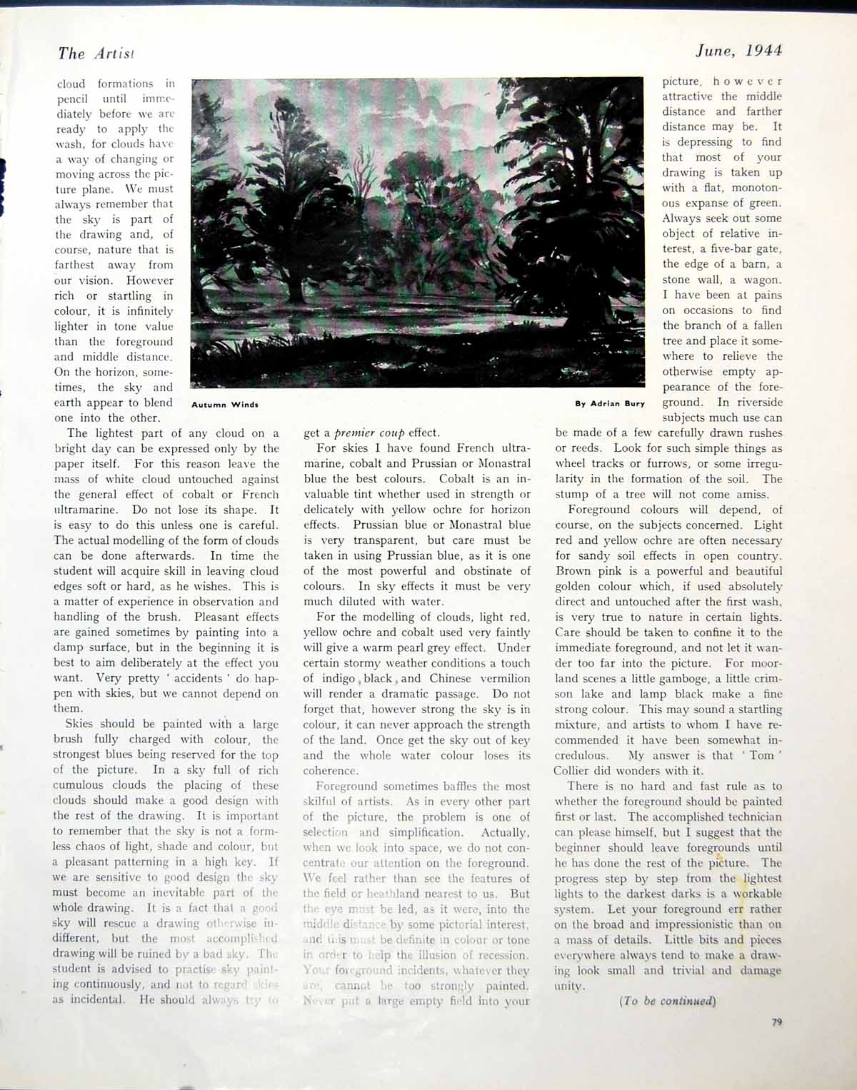 Old Vintage Print Autumn Winds Adrian Bury Landscape With Trees Sky 1944 20th