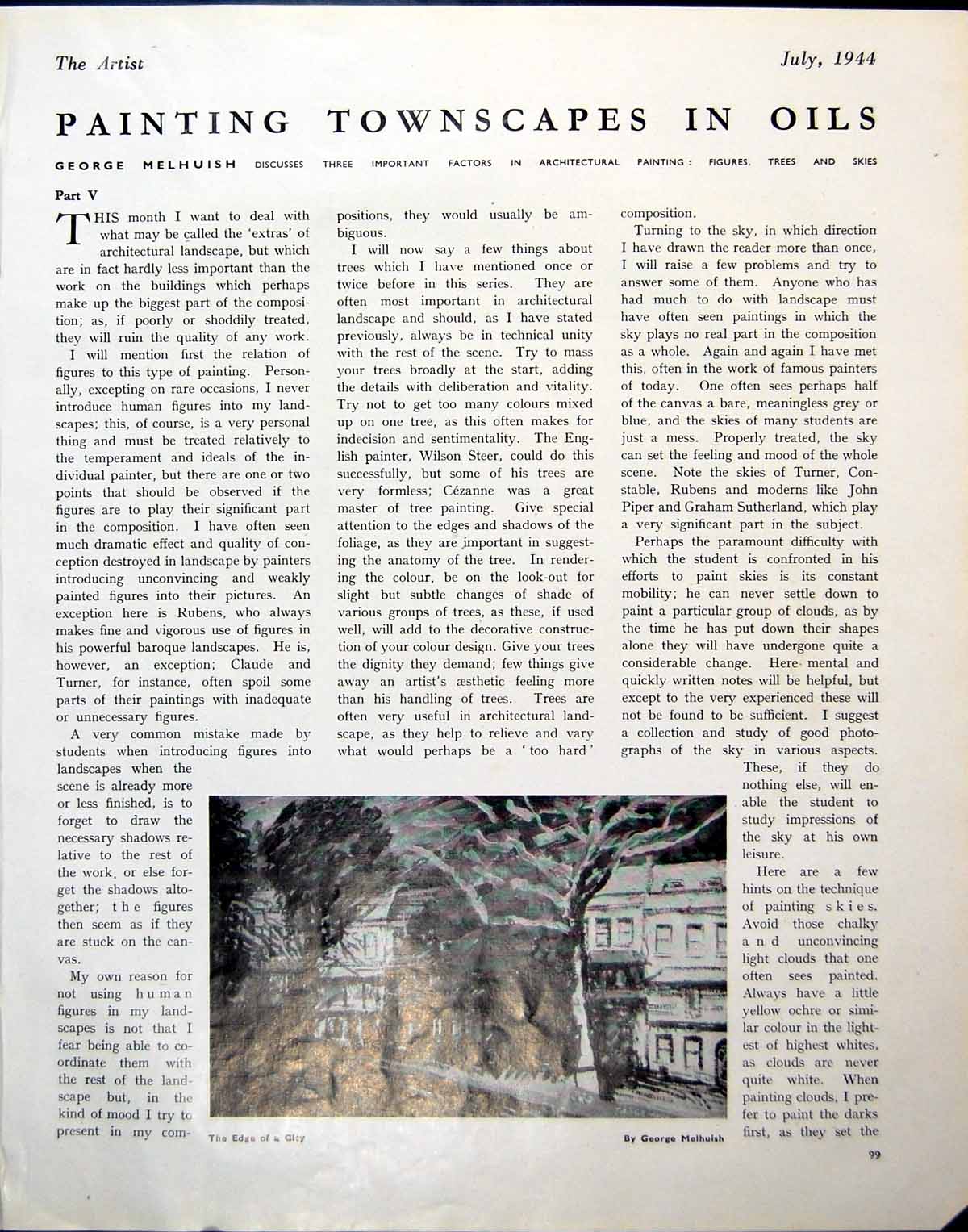 Original Old Vintage Print Edge City G Melhuish Trees Church George 1944 20th