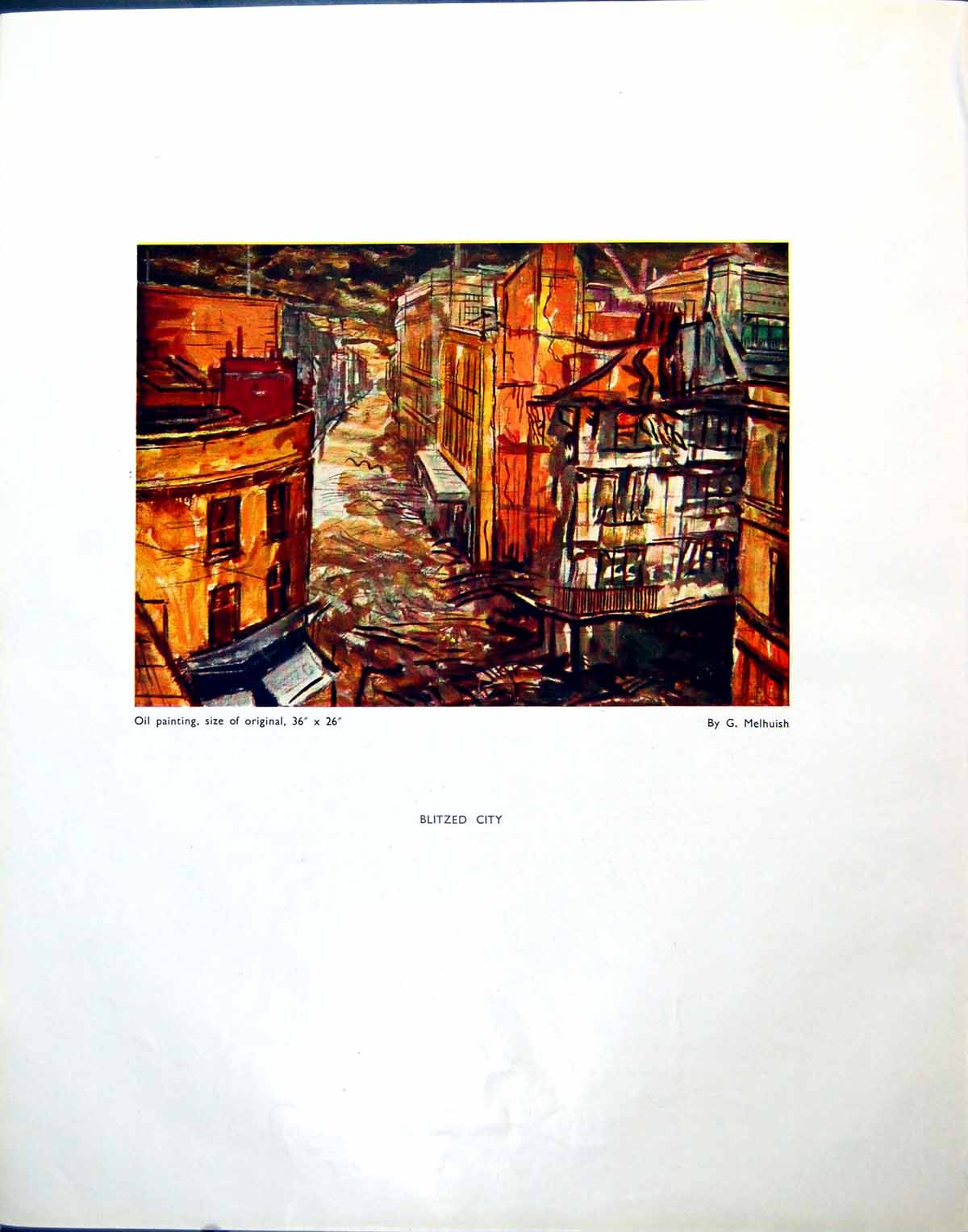 Old Blitzed City G Melhuish From Oil Painting Buildings In Ruin 1944 20th