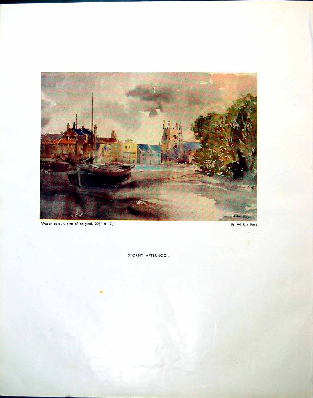 Old Vintage Print Stormy Afternoon Adrian Bury Boat Water Landscape 1944 20th